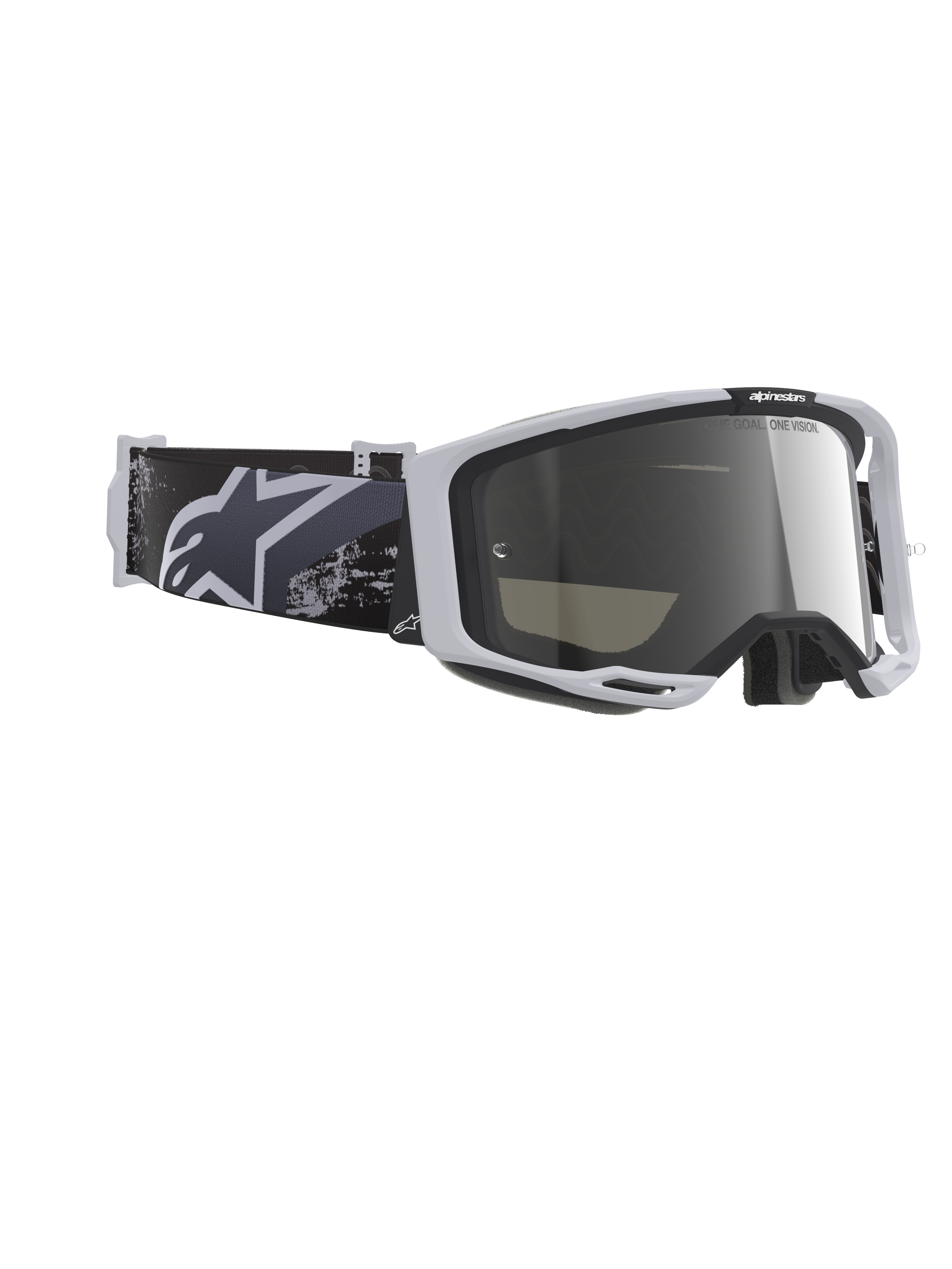 Alpinestars Vision 8 Lahnd Goggles, motocross-briller, Iron Camo Mirror Silver, lysegrå ramme med spejlsølv-linse, sort og grå camouflage-rem med hvidt Alpinestars-logo, højtydende off-road øjenbeskyttelse
