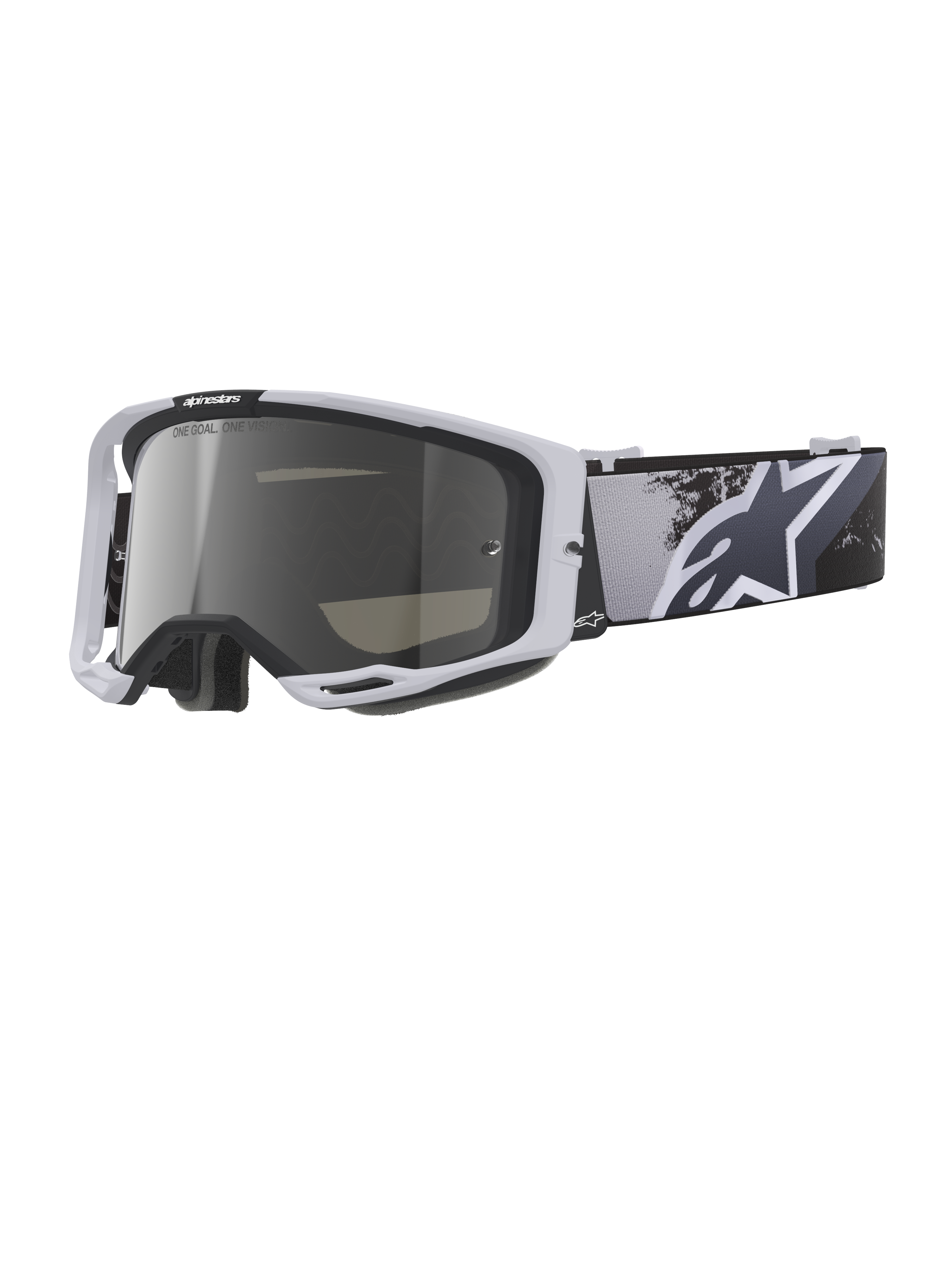 Alpinestars Vision 8 Lahnd Goggles, motocross-briller, Iron Camo Mirror Silver, hvid ramme med en sølvfarvet spejllinse, gråtonet camouflage-rem med et stort hvidt stjerne-logo, højtydende briller til off-road racing