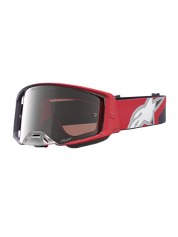Alpinestars Supertech Hiten Goggles, motocross-goggles i rød og sort med mirror silver-linse til off-road racing.