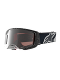 Alpinestars Supertech Hiten Goggles, motocrossgoggles, sort og hvid, sølvfarvet mirror-linse, bredt perifert synsfelt, professionel racingydeevne
