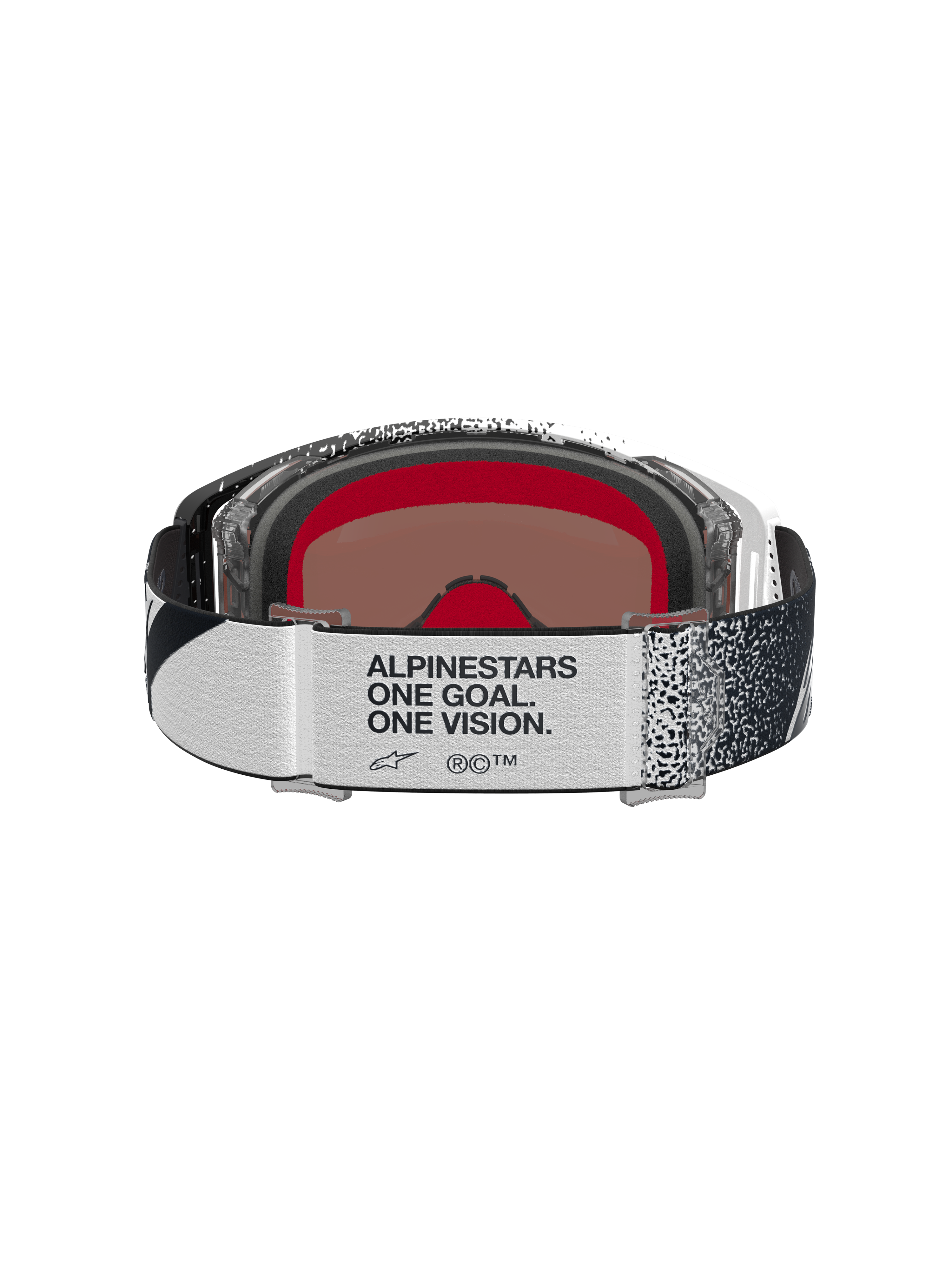 Alpinestars Supertech Hiten Goggles, hvid og sort motocrossbriller set bagfra med polstret skum og rem med branding.