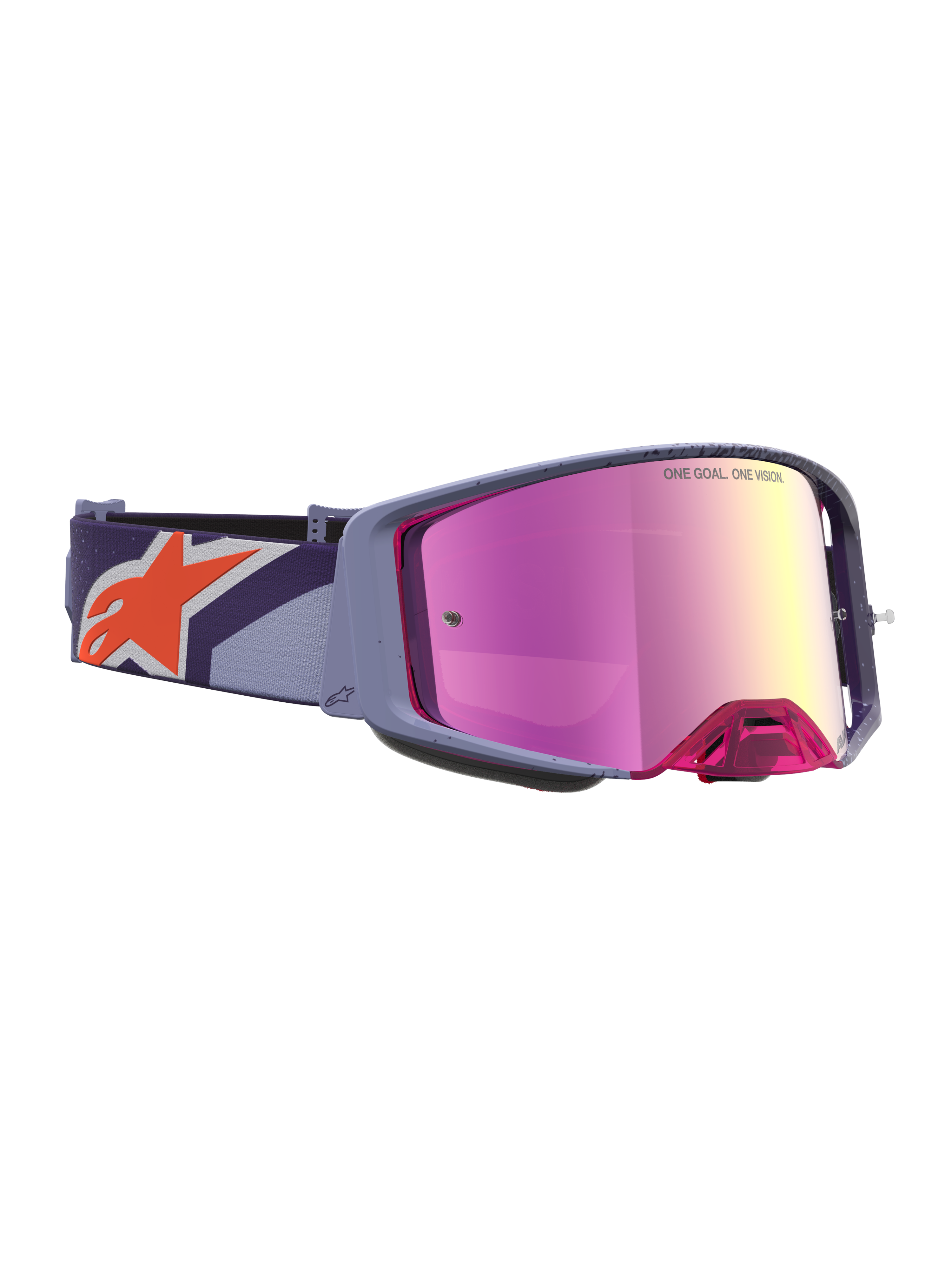 Alpinestars Supertech Hiten Motocross Goggles, purple frame with red mirror pink lens and orange star logo on the strap.