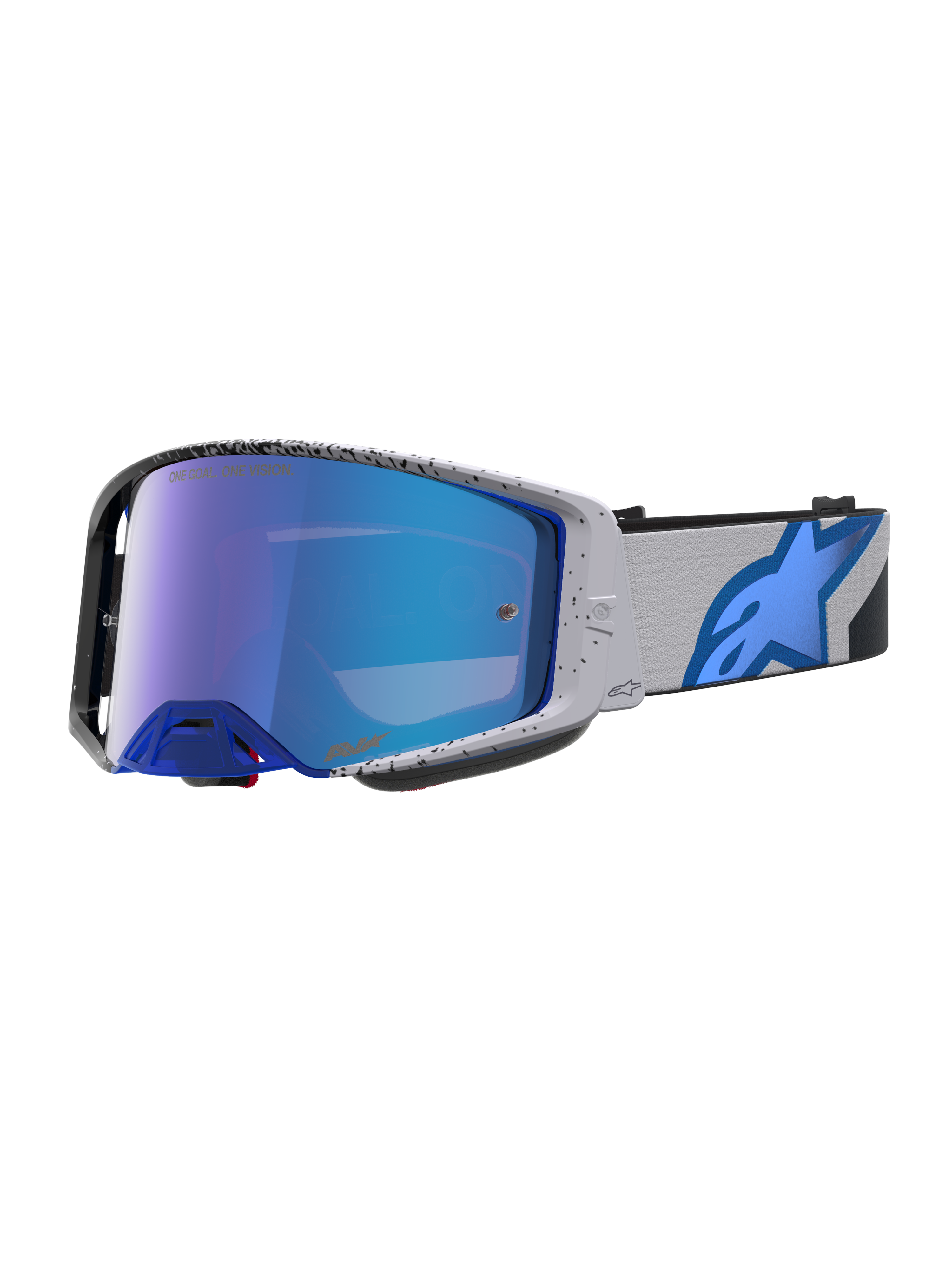 Alpinestars Supertech Hiten Goggles, professional motocross goggles in light grey and blue with a mirror finish lens.