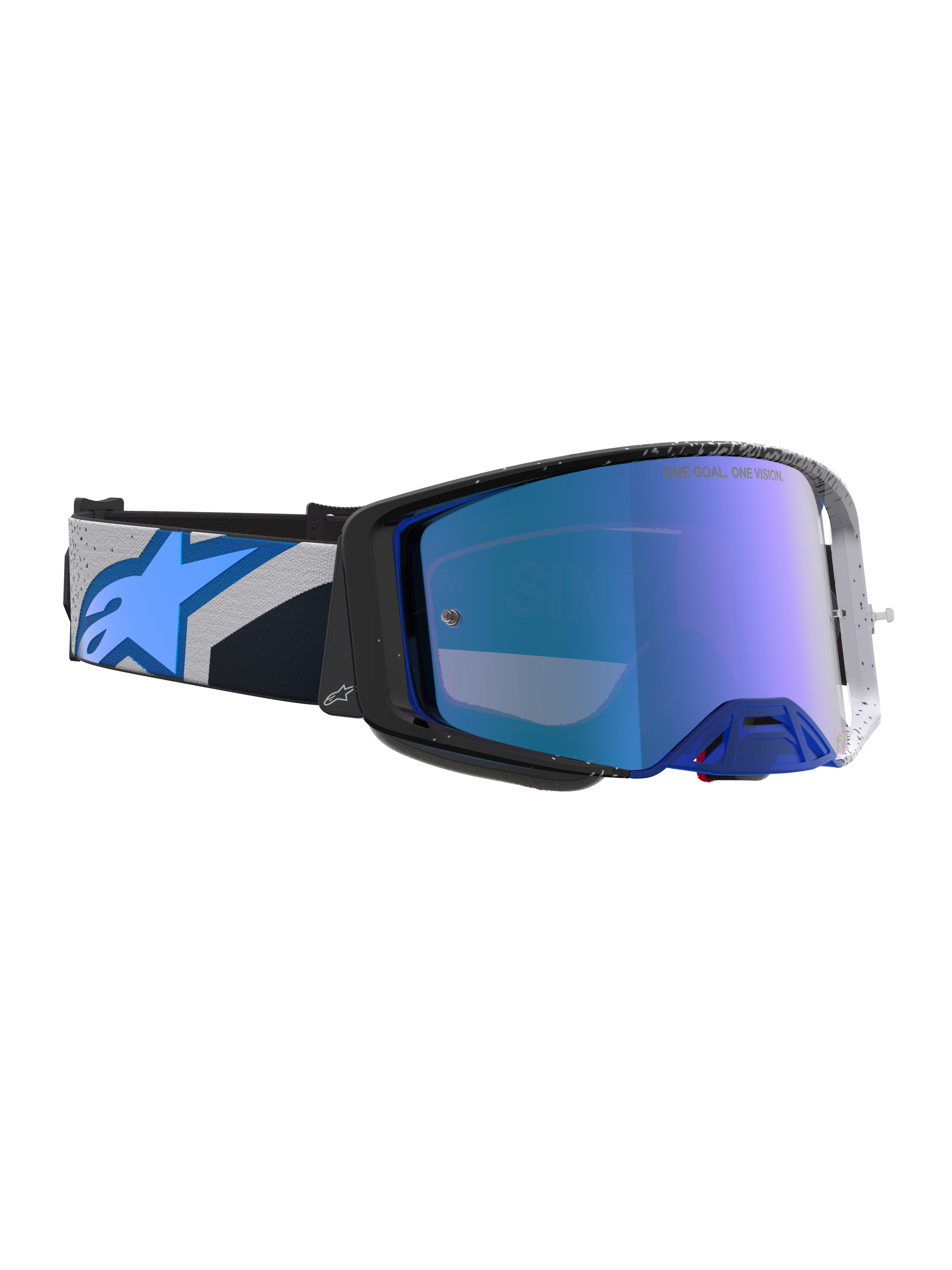 Alpinestars Supertech Hiten goggles, motocrossgoggles i sort og blå med spejlet blå linse og høj optisk klarhed.