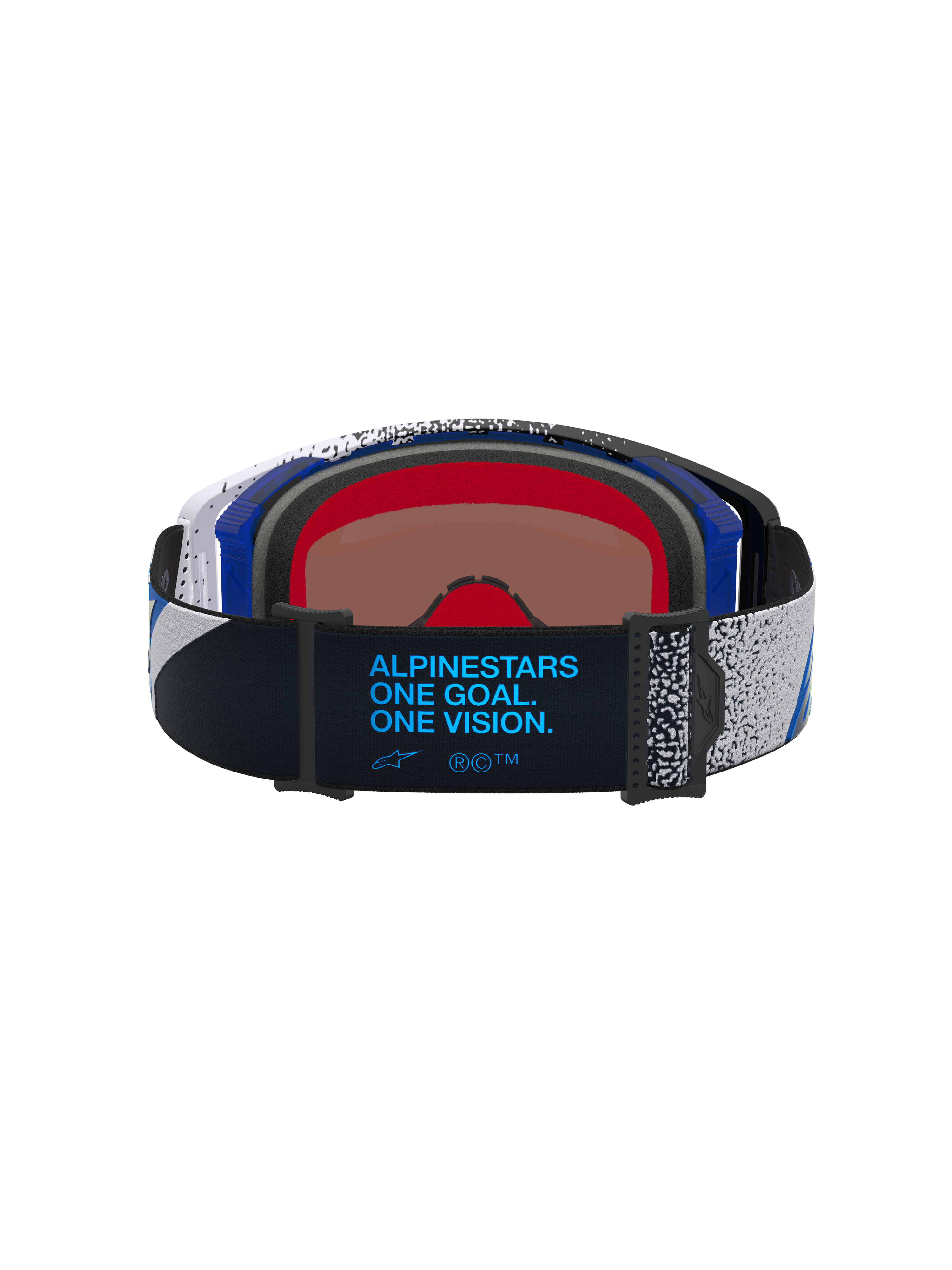 Alpinestars Supertech Hiten goggles, motocross, unisex, sort og blå, rem set bagfra med brandmottoet One Goal. One Vision.