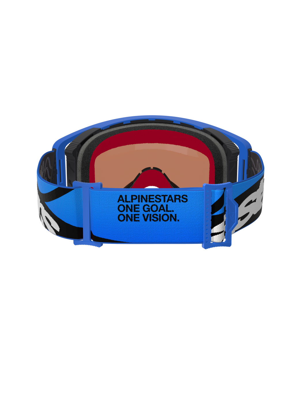 Alpinestars Supertech Stream Goggles, motocross-briller, Blue Mirror Blue, set bagfra viser blå justerbar rem med sort og hvid grafik og 'ALPINESTARS ONE GOAL. ONE VISION.' tekst, flerlags ansigtsskum for komfort og tætning