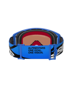 Alpinestars Supertech Stream Goggles, motocross-briller, Blue Mirror Blue, set bagfra viser blå justerbar rem med sort og hvid grafik og 'ALPINESTARS ONE GOAL. ONE VISION.' tekst, flerlags ansigtsskum for komfort og tætning