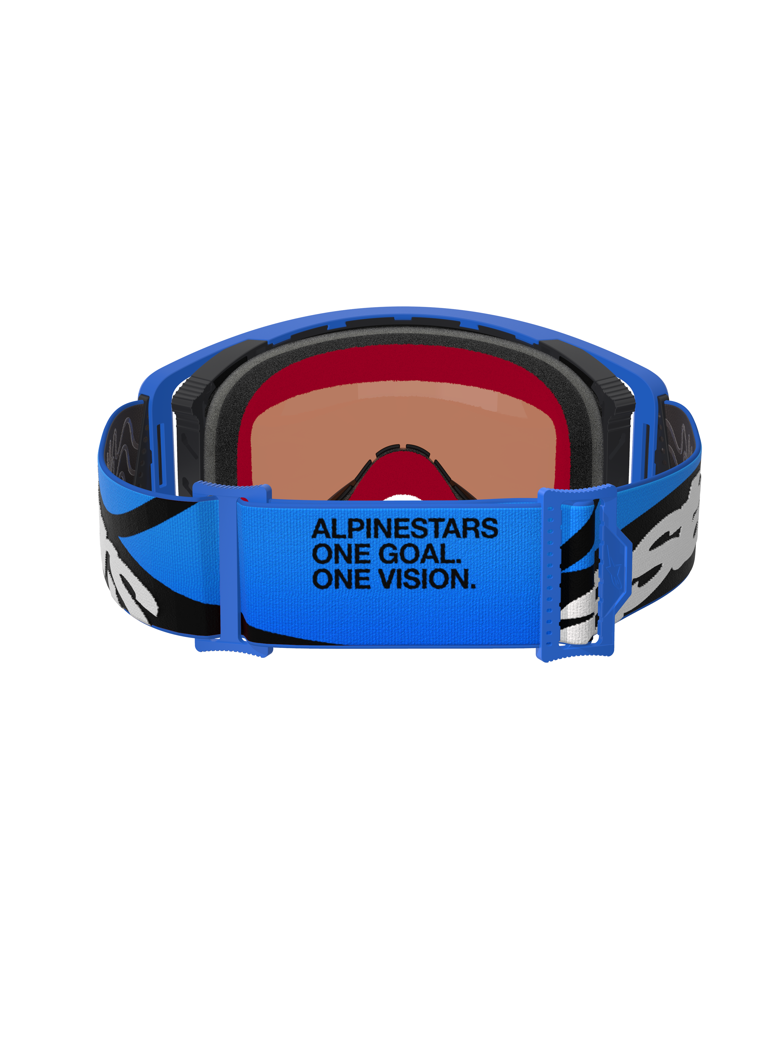 Alpinestars Supertech Stream Goggles, motocross-briller, Blue Mirror Blue, set bagfra viser blå justerbar rem med sort og hvid grafik og 'ALPINESTARS ONE GOAL. ONE VISION.' tekst, flerlags ansigtsskum for komfort og tætning