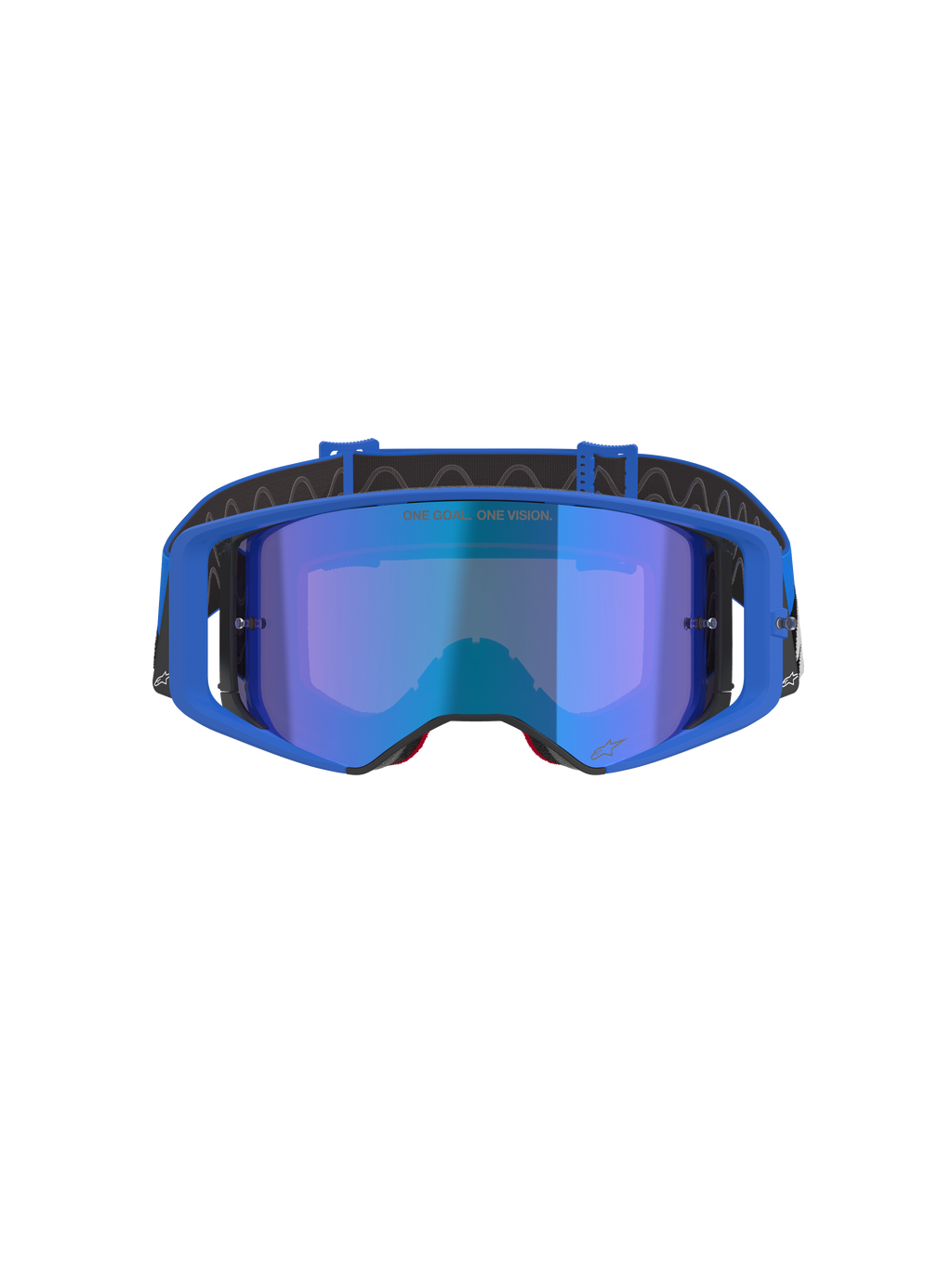 Alpinestars Supertech Stream briller, motocrossbriller, blå spejllinse med blå ramme, set forfra, sort rem med hvidt logo, med 'ONE GOAL... ONE VISION.' tekst på linsen, højtydende off-road racing eyewear