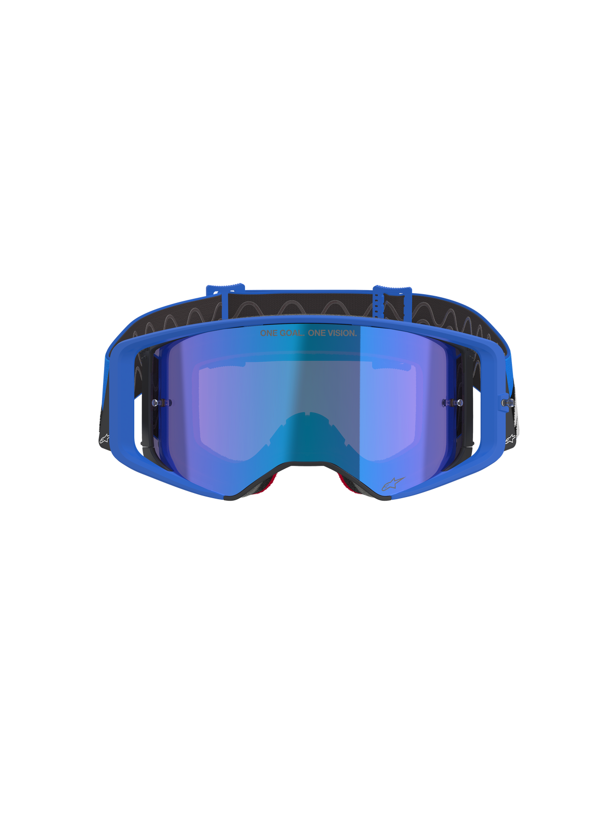 Alpinestars Supertech Stream briller, motocrossbriller, blå spejllinse med blå ramme, set forfra, sort rem med hvidt logo, med 'ONE GOAL... ONE VISION.' tekst på linsen, højtydende off-road racing eyewear
