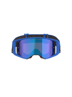 Alpinestars Supertech Stream briller, motocrossbriller, blå spejllinse med blå ramme, set forfra, sort rem med hvidt logo, med 'ONE GOAL... ONE VISION.' tekst på linsen, højtydende off-road racing eyewear