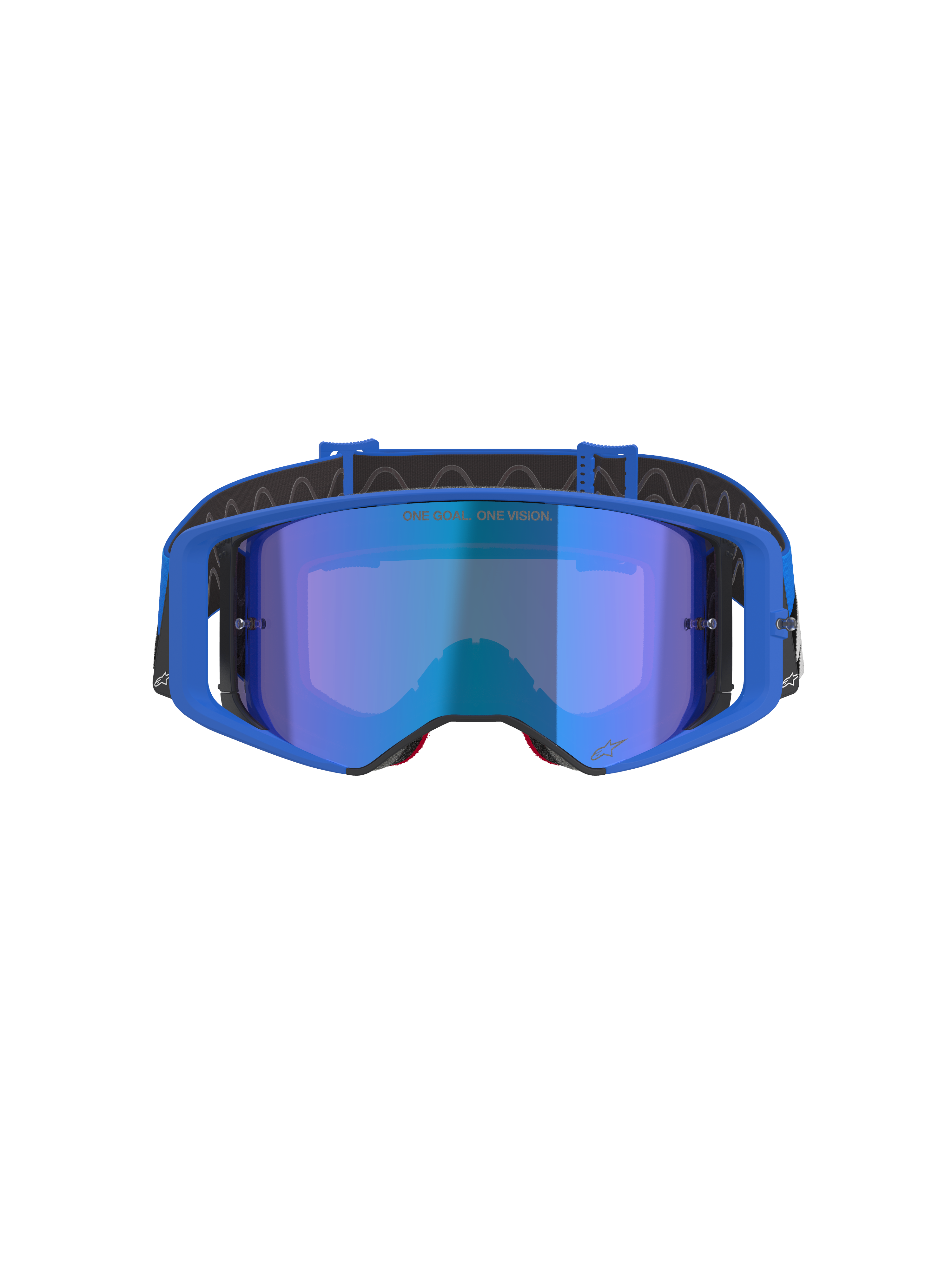 Alpinestars Supertech Stream briller, motocrossbriller, blå spejllinse med blå ramme, set forfra, sort rem med hvidt logo, med 'ONE GOAL... ONE VISION.' tekst på linsen, højtydende off-road racing eyewear