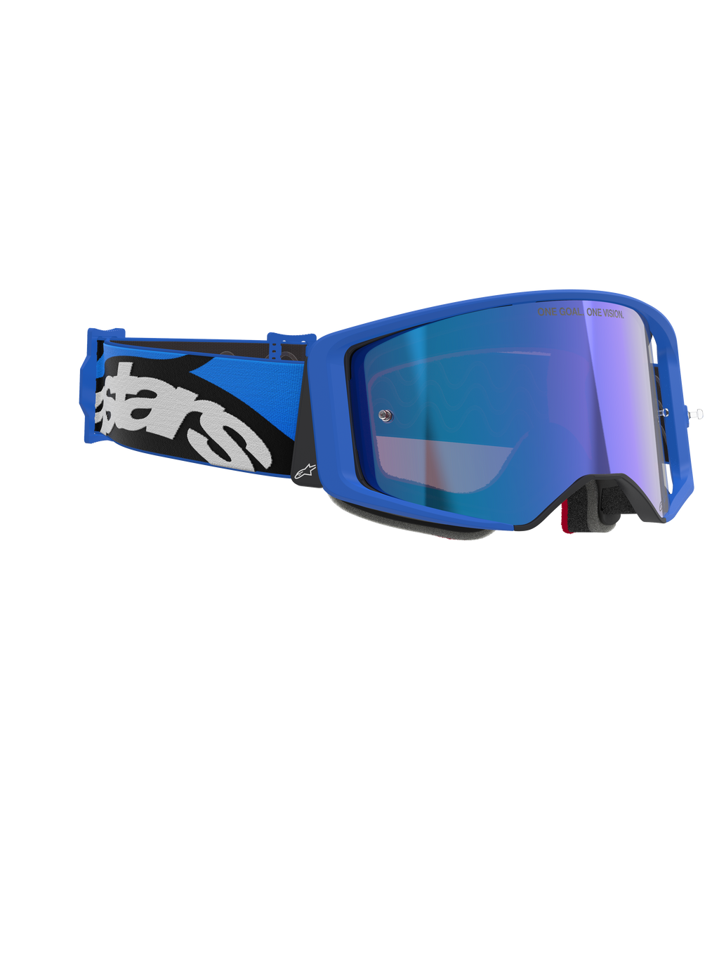 Alpinestars Supertech Stream Goggles, Blue Mirror Blue, motocross-briller med blå ramme og blå spejllinse, blå og sort justerbar rem med hvidt Alpinestars-logo, professionelt off-road racingudstyr.
