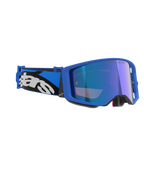 Alpinestars Supertech Stream Goggles, Blue Mirror Blue, motocross-briller med blå ramme og blå spejllinse, blå og sort justerbar rem med hvidt Alpinestars-logo, professionelt off-road racingudstyr.