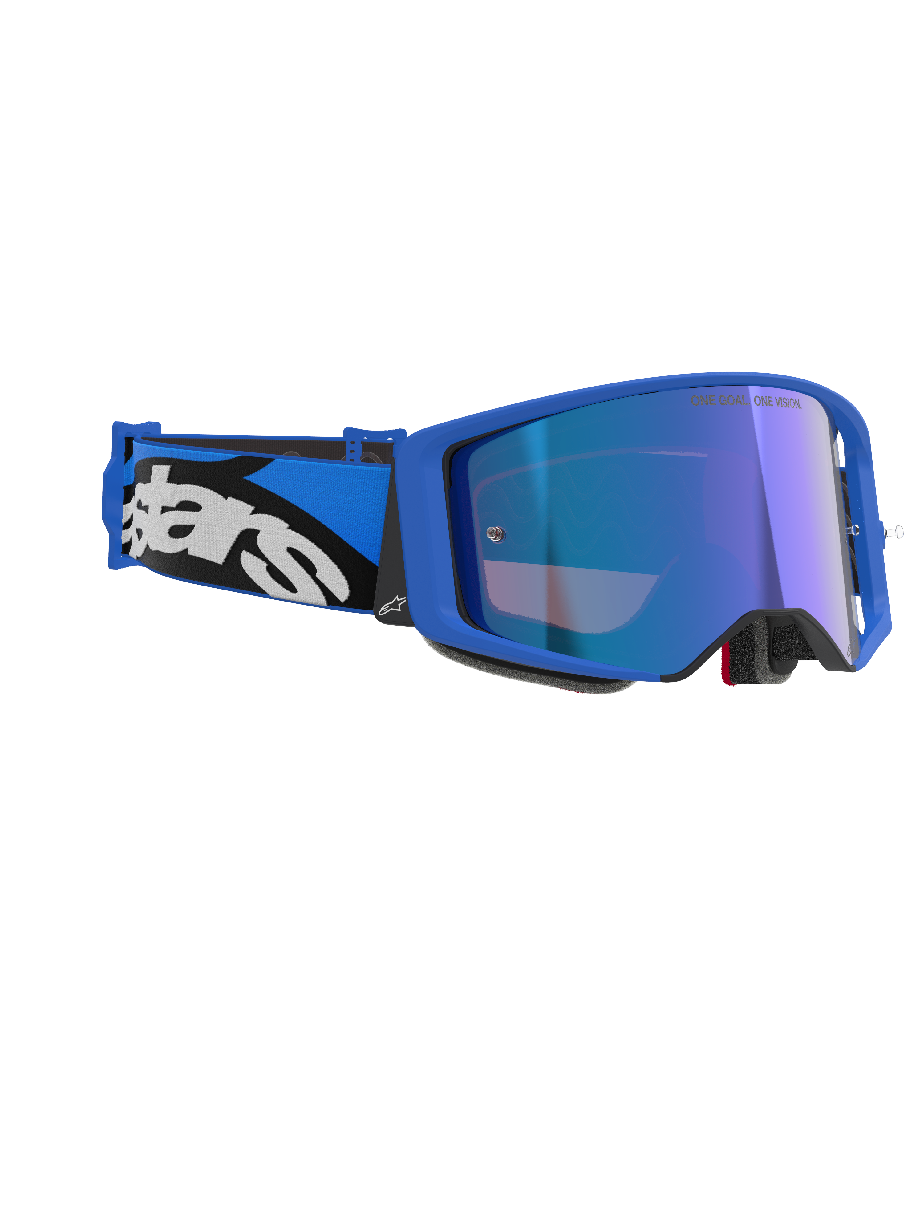 Alpinestars Supertech Stream Goggles, Blue Mirror Blue, motocross-briller med blå ramme og blå spejllinse, blå og sort justerbar rem med hvidt Alpinestars-logo, professionelt off-road racingudstyr.