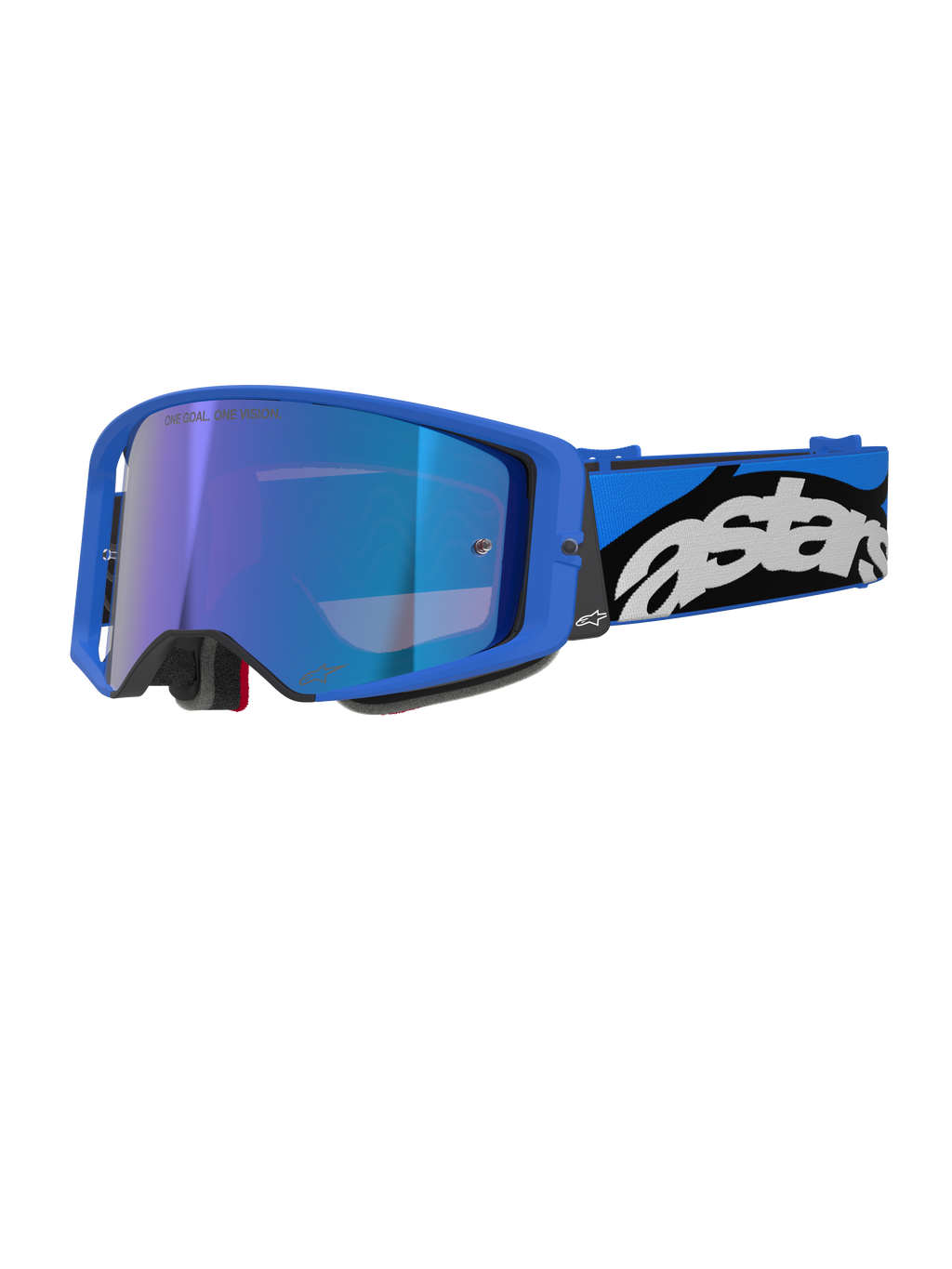 Alpinestars Supertech Stream goggles, motocross- og off-road-beskyttelsesbriller, lyseblå ramme med blå spejllinse, bred blå og sort rem med hvidt Astars-logo, grå skumpolstring, professionelt racerudstyr