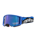 Alpinestars Supertech Stream goggles, motocross- og off-road-beskyttelsesbriller, lyseblå ramme med blå spejllinse, bred blå og sort rem med hvidt Astars-logo, grå skumpolstring, professionelt racerudstyr