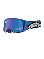 Alpinestars Supertech Stream goggles, motocross- og off-road-beskyttelsesbriller, lyseblå ramme med blå spejllinse, bred blå og sort rem med hvidt Astars-logo, grå skumpolstring, professionelt racerudstyr
