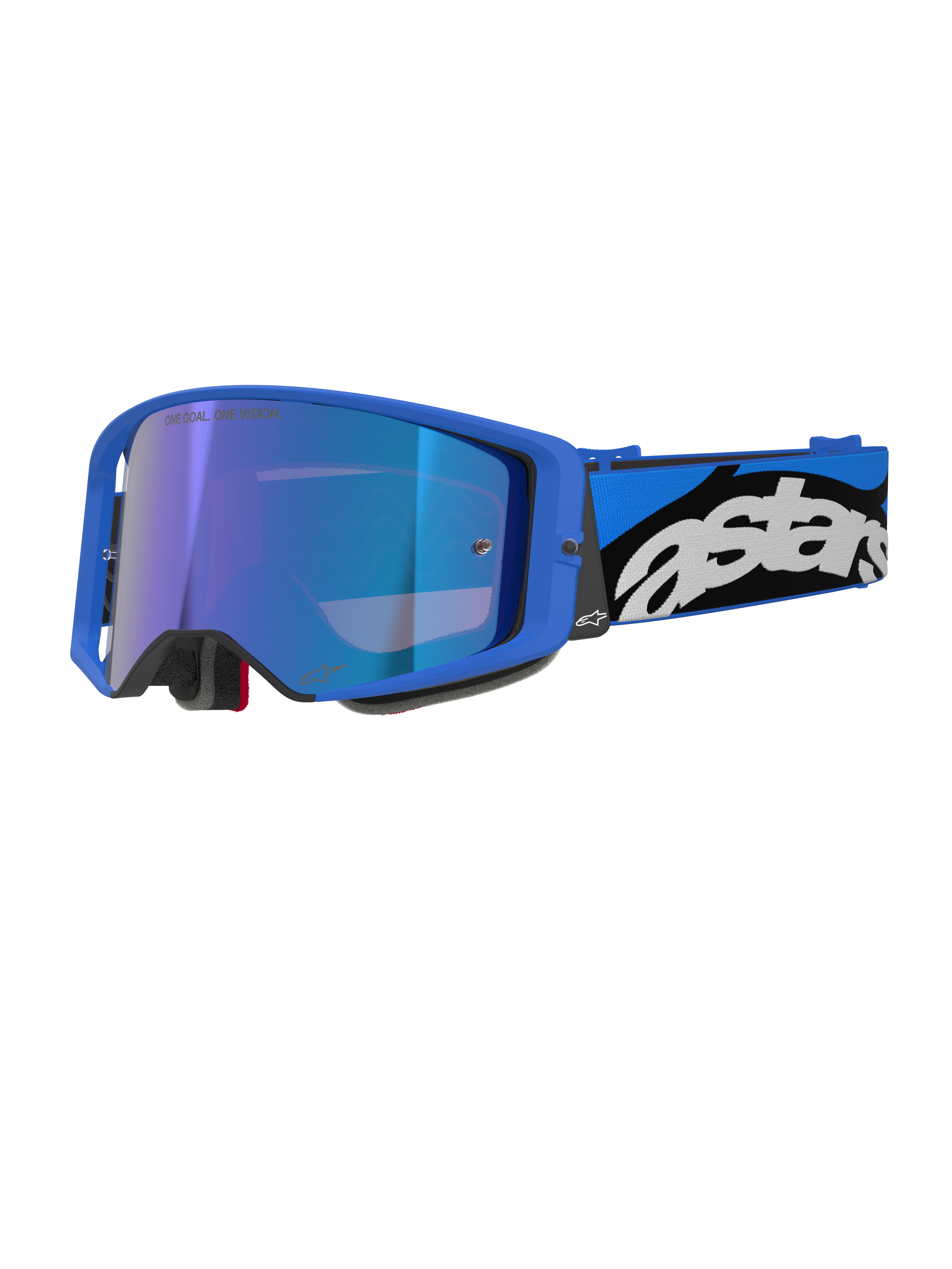Alpinestars Supertech Stream goggles, motocross- og off-road-beskyttelsesbriller, lyseblå ramme med blå spejllinse, bred blå og sort rem med hvidt Astars-logo, grå skumpolstring, professionelt racerudstyr