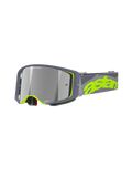 Alpinestars Supertech Stream Goggles, motocross MX-racingbriller, grå og neongul, med spejlreflekterende sølvlinse, bred vinklet ramme med skumpolstring og justerbar rem med markant neongul branding.
