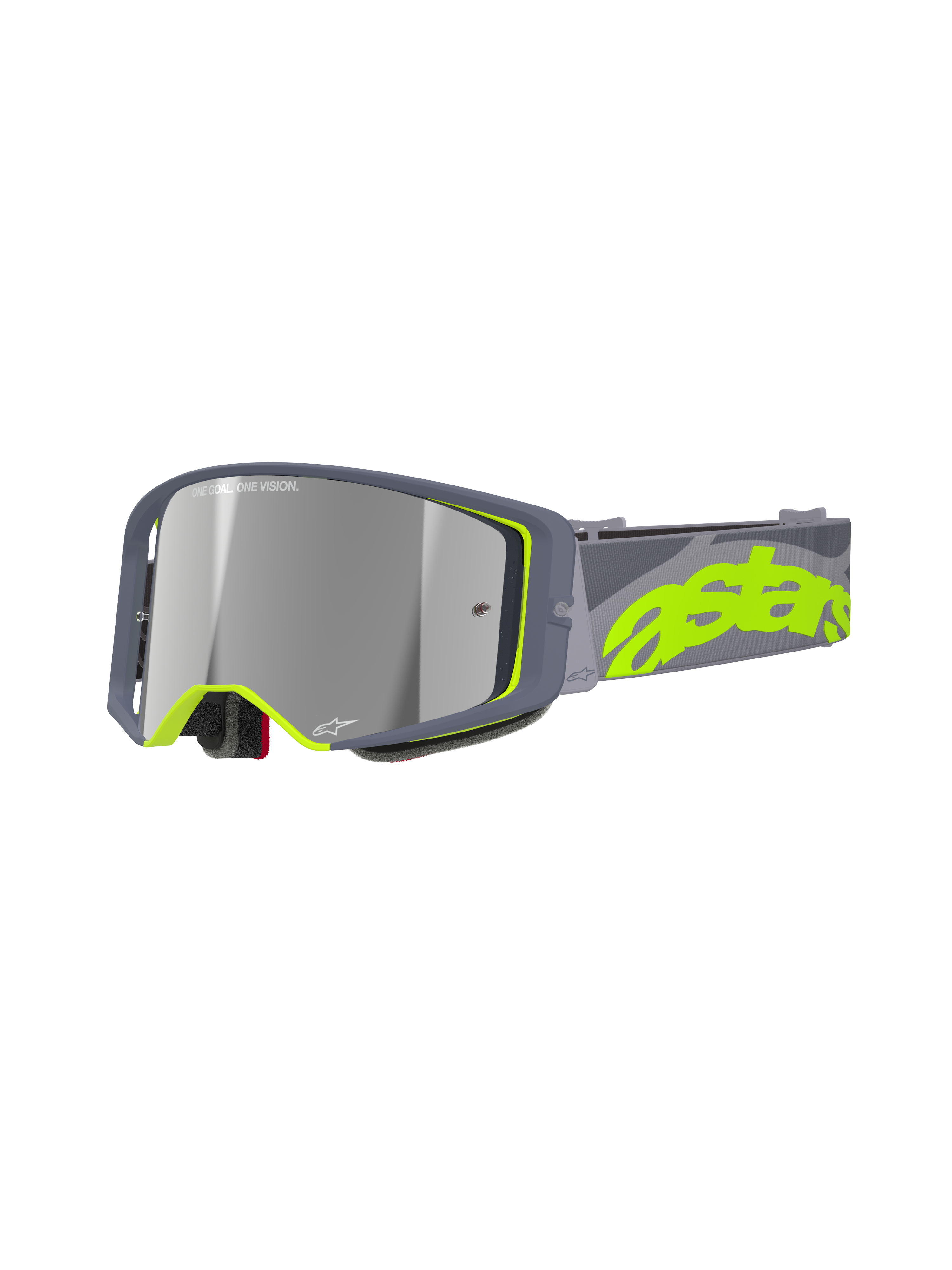 Alpinestars Supertech Stream Goggles, motocross MX-racingbriller, grå og neongul, med spejlreflekterende sølvlinse, bred vinklet ramme med skumpolstring og justerbar rem med markant neongul branding.