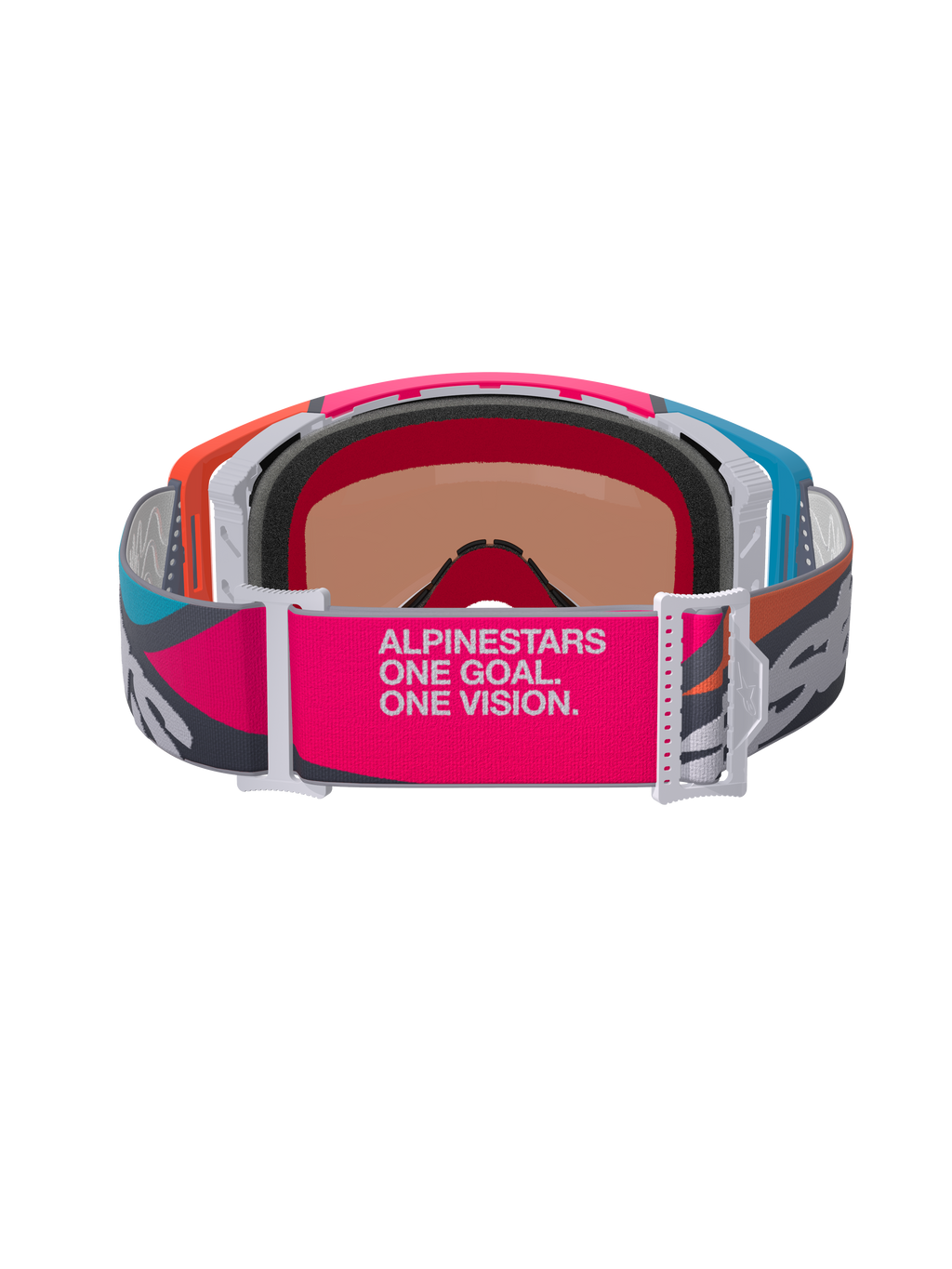 Alpinestars Supertech Stream Goggles, set bagfra, viser bred pink og grå rem med 'ALPINESTARS ONE GOAL. ONE VISION.' branding, multifarvet stel i orange og blå, 3D-formet ansigtsskum, professionelle briller til motocross og off-road