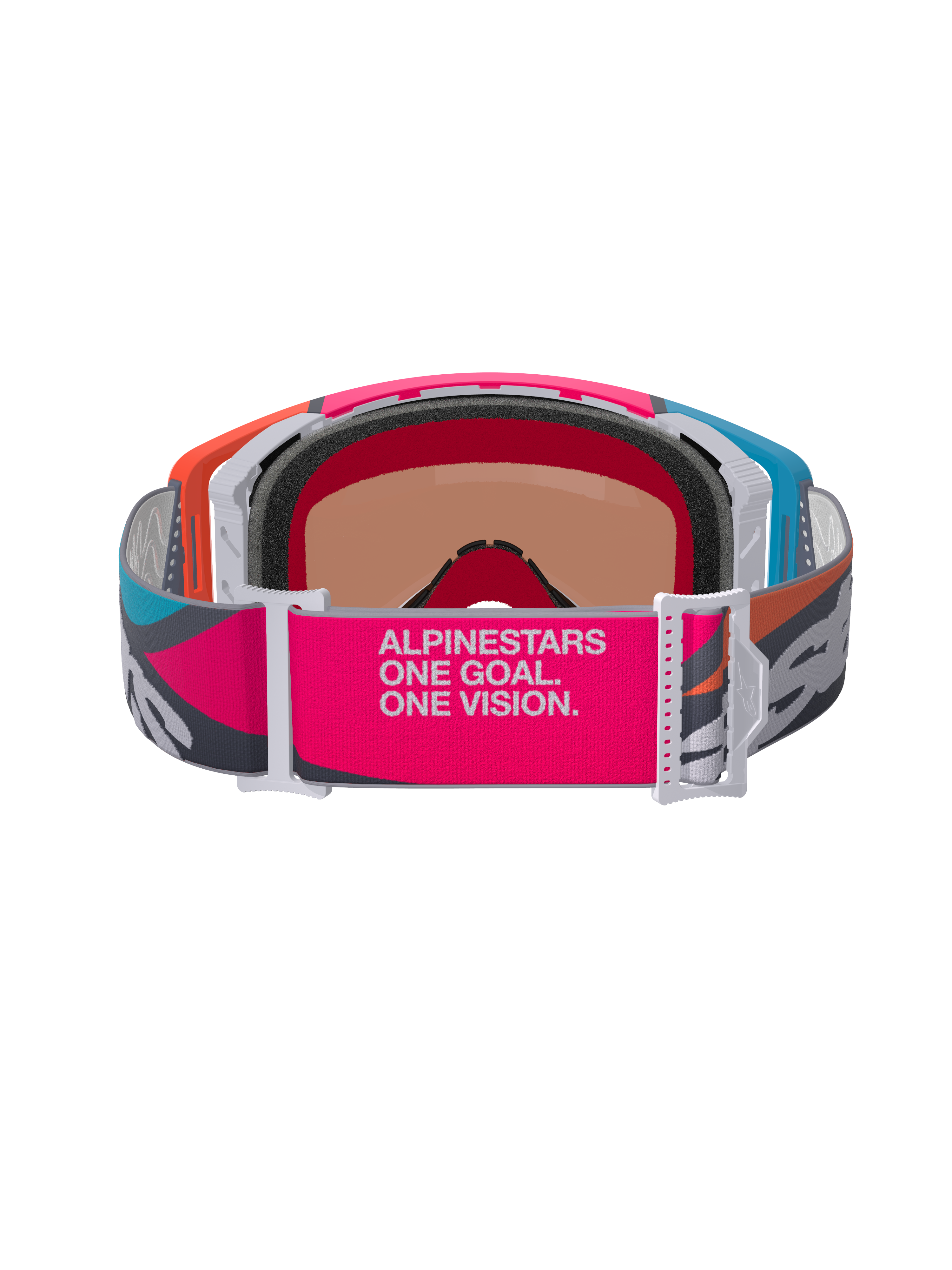 Alpinestars Supertech Stream Goggles, set bagfra, viser bred pink og grå rem med 'ALPINESTARS ONE GOAL. ONE VISION.' branding, multifarvet stel i orange og blå, 3D-formet ansigtsskum, professionelle briller til motocross og off-road