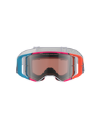 Alpinestars Supertech Stream Goggles, motocrossbriller, levende flerfarvet stel med blå, orange og lyserøde detaljer, Silver Mirror-linse med 'ONE GOAL. ONE VISION.'-tekst, hvid mønstret rem, højtydende øjenbeskyttelse til off-road racing