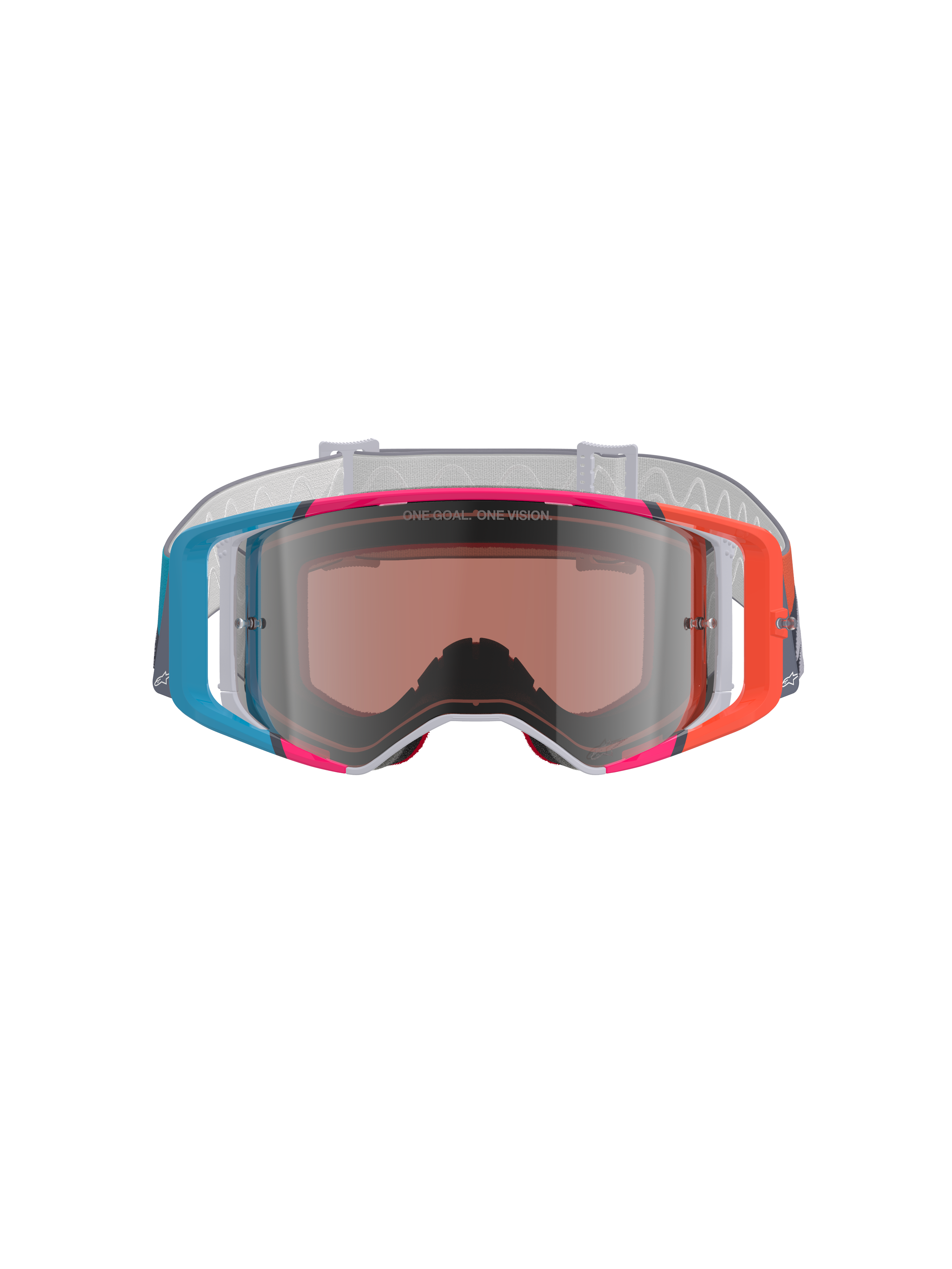 Alpinestars Supertech Stream Goggles, motocrossbriller, levende flerfarvet stel med blå, orange og lyserøde detaljer, Silver Mirror-linse med 'ONE GOAL. ONE VISION.'-tekst, hvid mønstret rem, højtydende øjenbeskyttelse til off-road racing