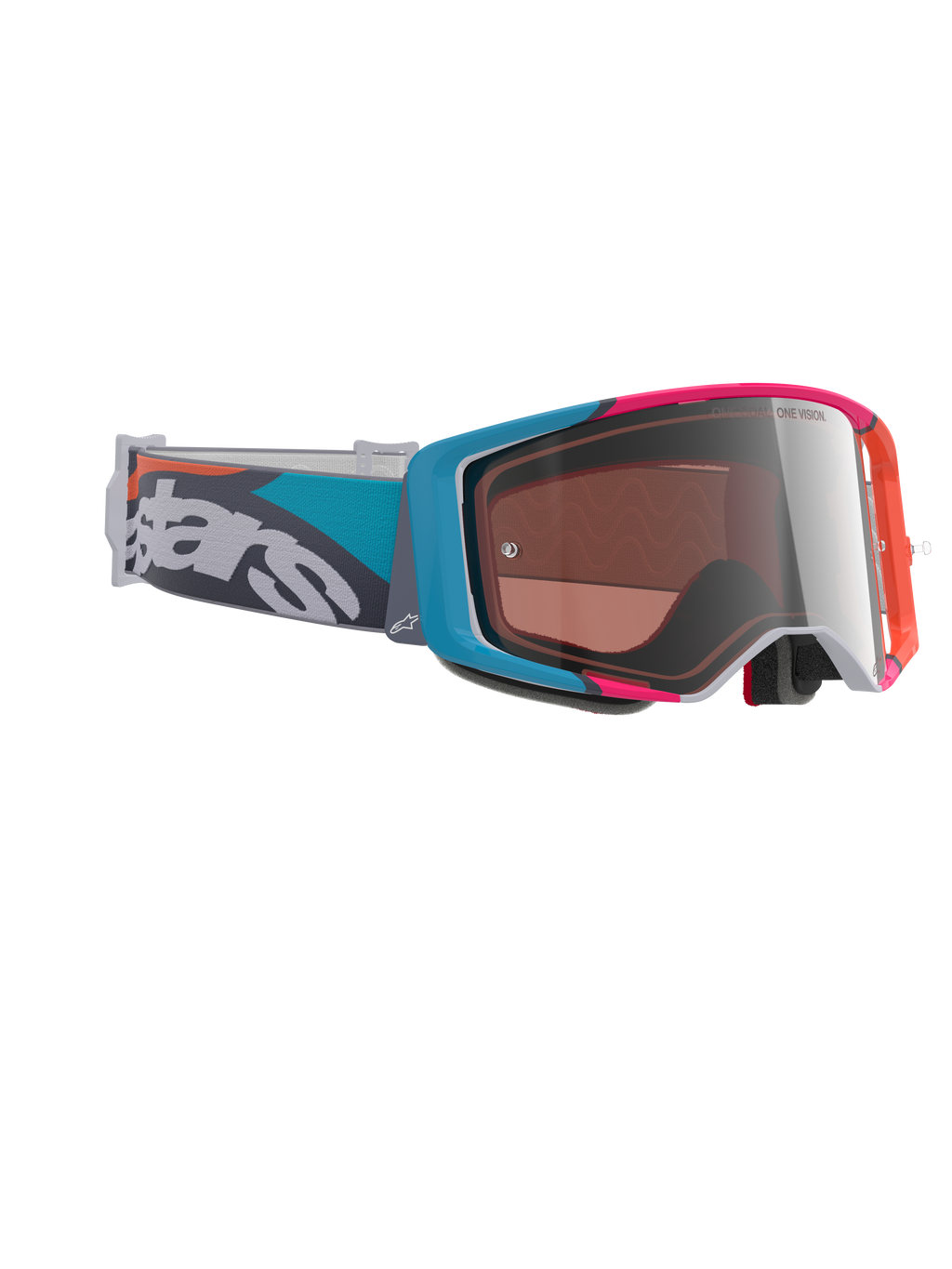 Alpinestars Supertech Stream Goggles, motocross-briller, gråt stel med blå og lyserøde detaljer, Silver Multi Mirror-linse, petroleum- og gråfarvet rem med tydelig hvid branding, højtydende off-road racing-briller