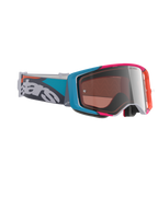 Alpinestars Supertech Stream Goggles, motocross-briller, gråt stel med blå og lyserøde detaljer, Silver Multi Mirror-linse, petroleum- og gråfarvet rem med tydelig hvid branding, højtydende off-road racing-briller