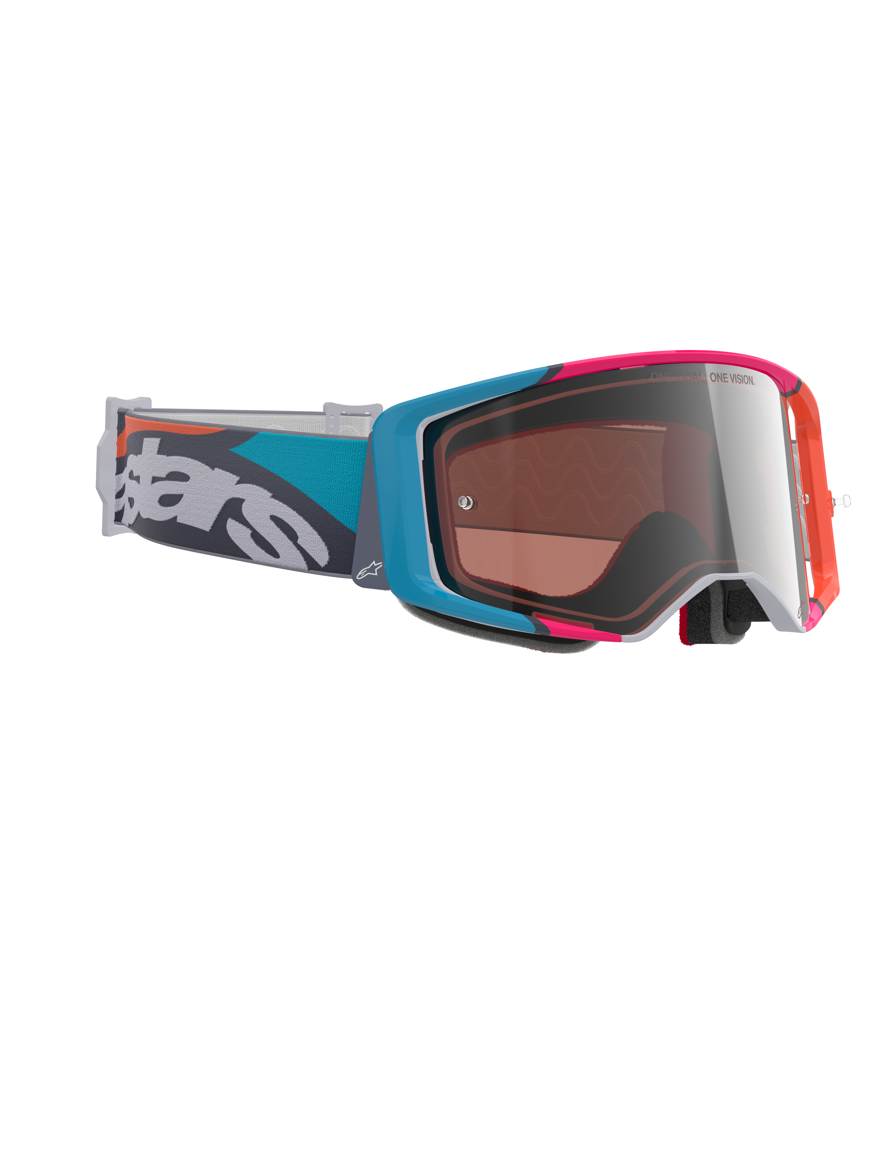 Alpinestars Supertech Stream Goggles, motocross-briller, gråt stel med blå og lyserøde detaljer, Silver Multi Mirror-linse, petroleum- og gråfarvet rem med tydelig hvid branding, højtydende off-road racing-briller