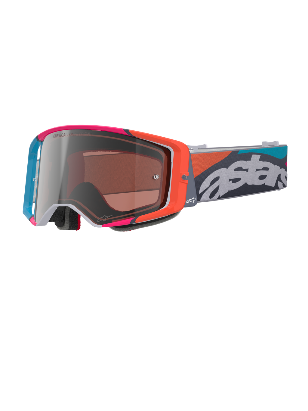 Alpinestars Supertech Stream briller, gråt stel med livlige røde og blå accenter, Multi Mirror Silver-linse, tyk skumpolstring, justerbar rem med tydeligt hvidt 'astars'-logo og farverige geometriske mønstre, professionel øjenbeskyttelse til motocross
