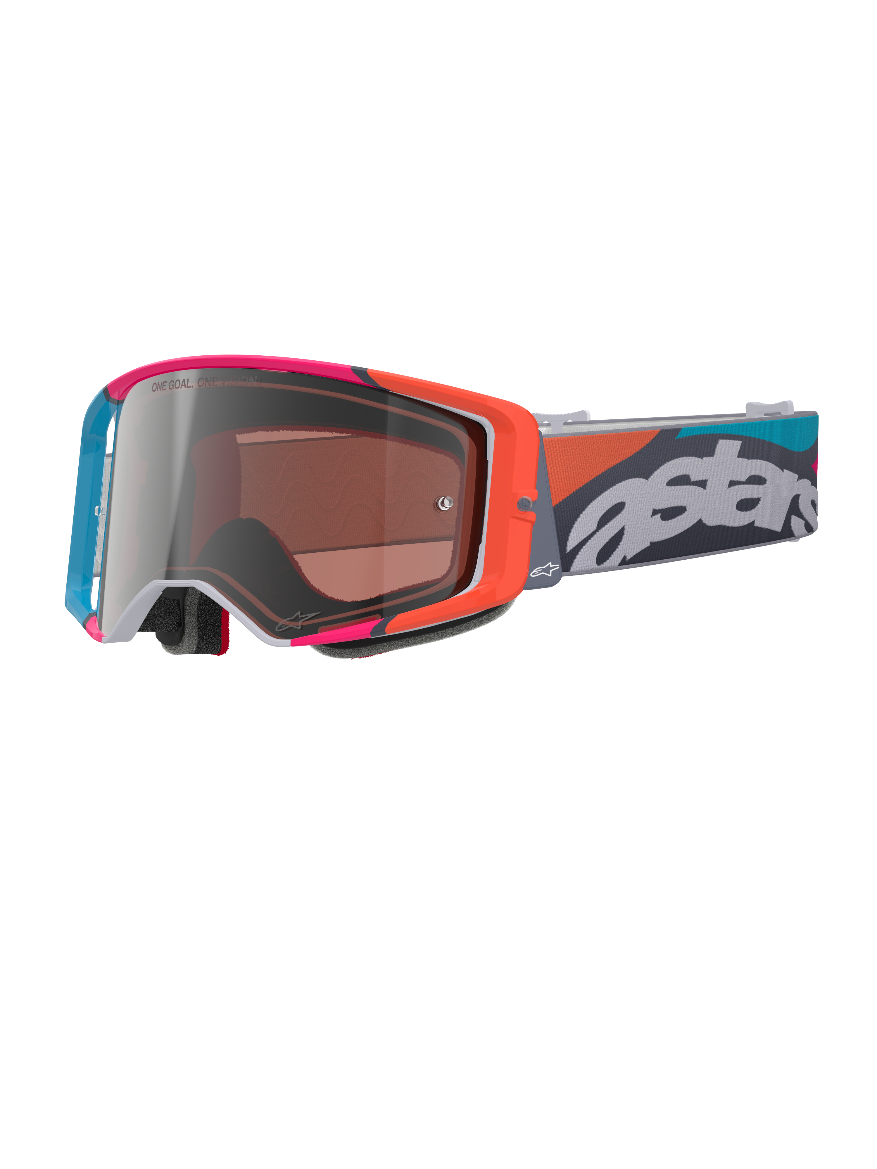 Alpinestars Supertech Stream briller, gråt stel med livlige røde og blå accenter, Multi Mirror Silver-linse, tyk skumpolstring, justerbar rem med tydeligt hvidt 'astars'-logo og farverige geometriske mønstre, professionel øjenbeskyttelse til motocross