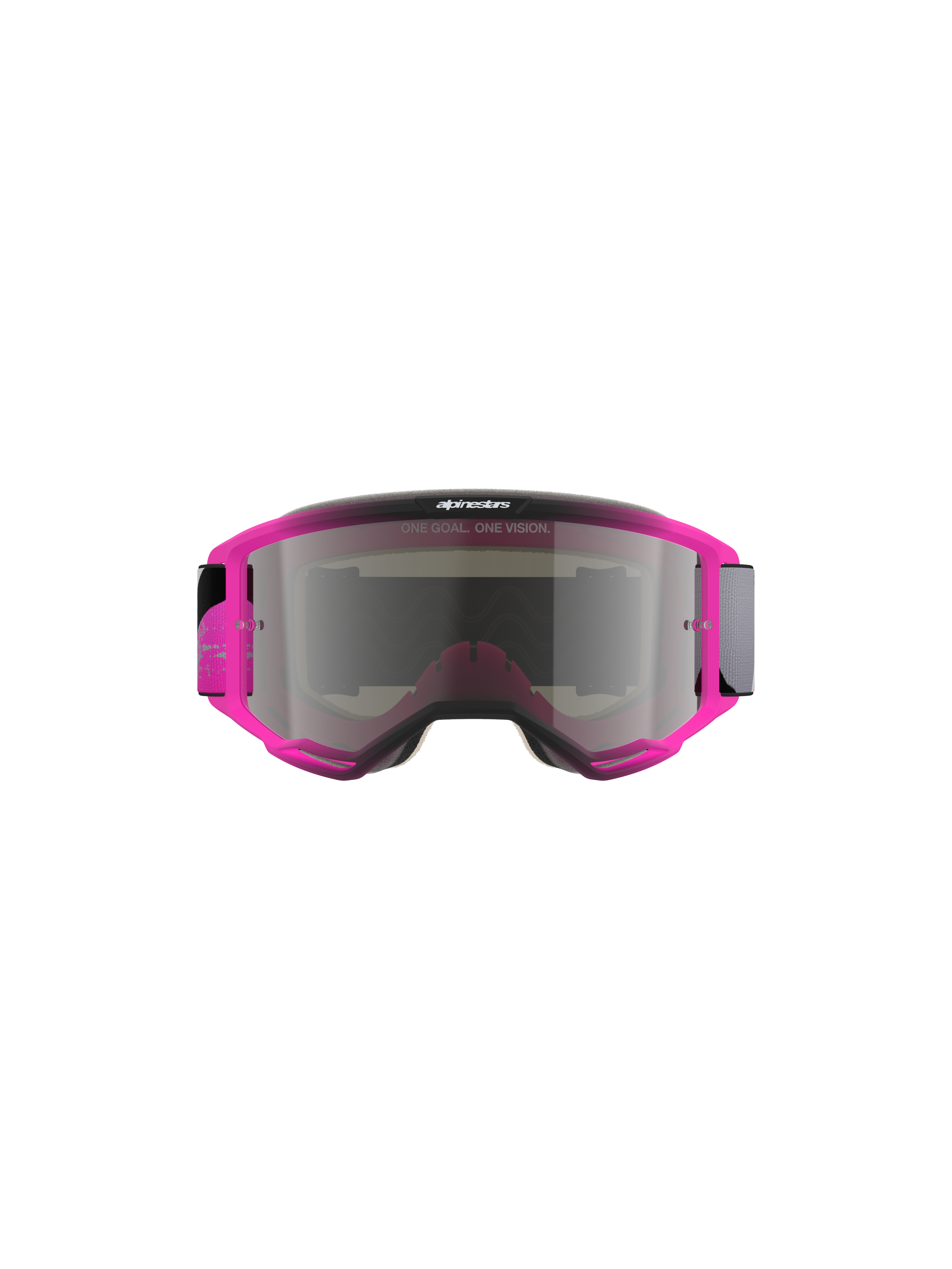 Alpinestars Vision 5 Lahnd Goggles, motocross-briller, Iron Pink Fluo med Mirror Silver-linse, klar lyserød ramme med sølvfarvet spejllinse, med teksten 'ONE GOAL. ONE VISION.', strømlinet aerodynamisk design til off-road-løb