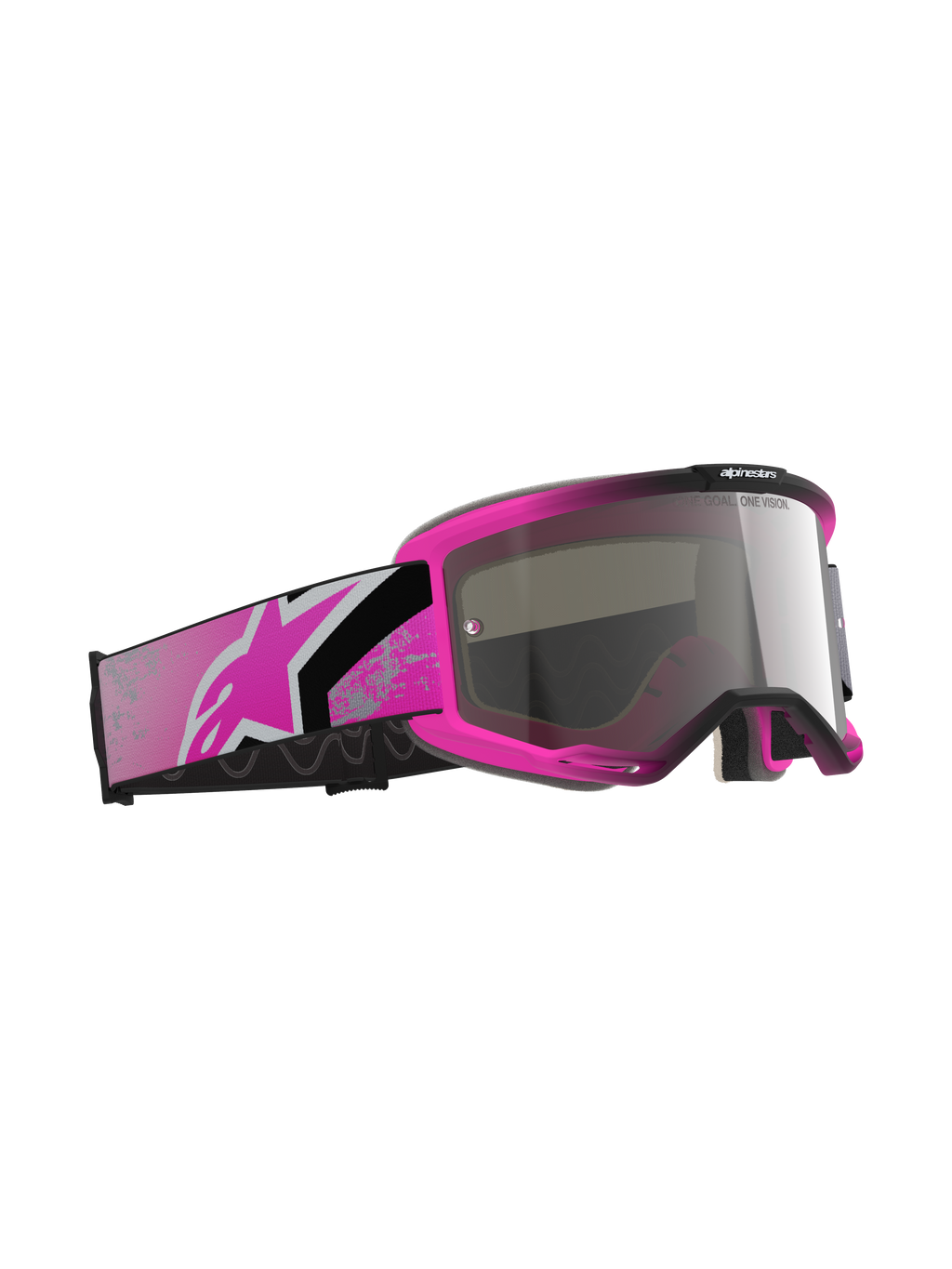 Alpinestars Vision 5 Lahnd goggles, motocross-briller, Iron Pink Fluo og Mirror Silver, stærk lyserød ramme med spejlblank sølvlinse, bred lyserød og sort rem med et lyserødt Astars-logo, off-road racerbriller