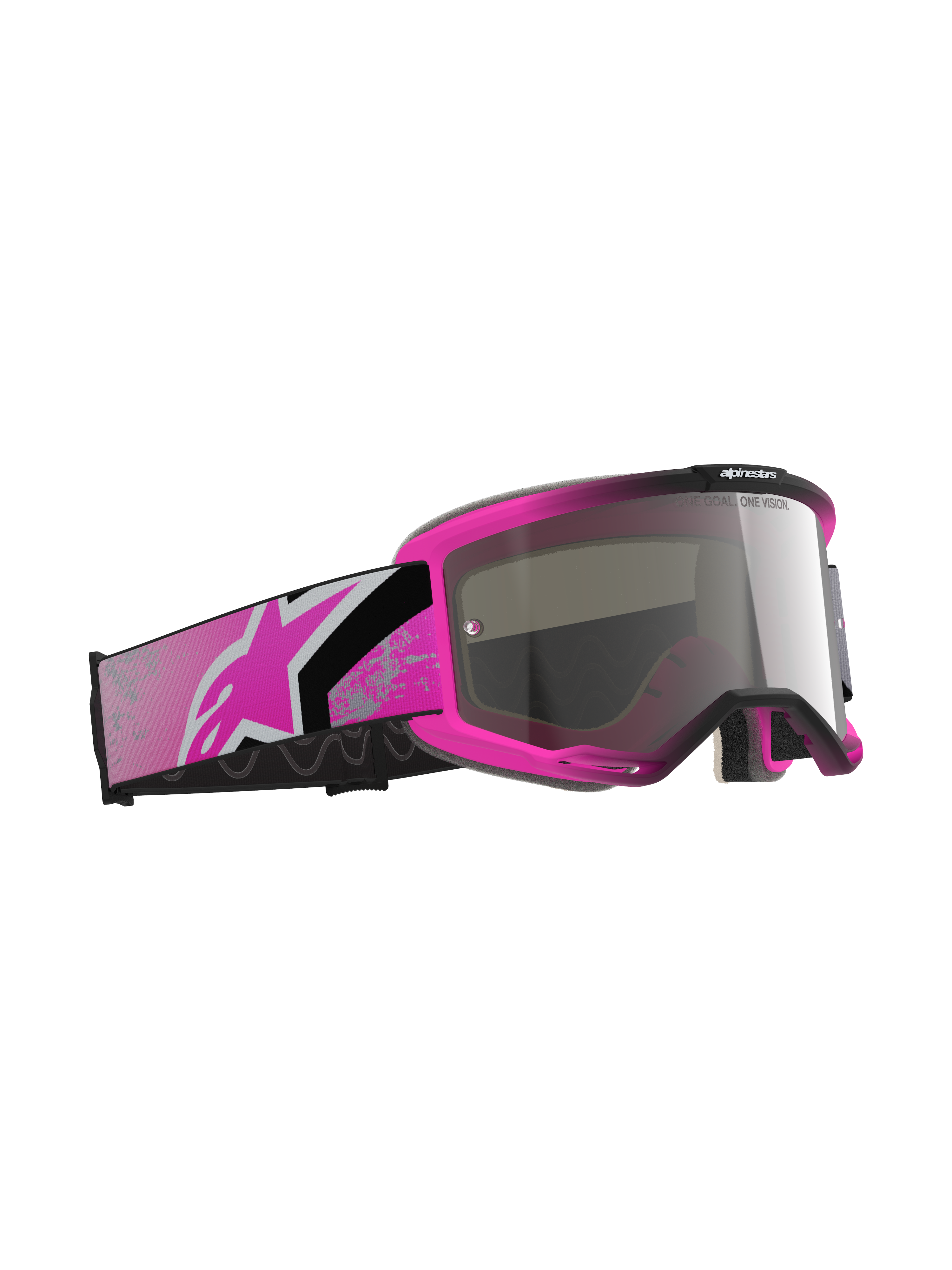 Alpinestars Vision 5 Lahnd goggles, motocross-briller, Iron Pink Fluo og Mirror Silver, stærk lyserød ramme med spejlblank sølvlinse, bred lyserød og sort rem med et lyserødt Astars-logo, off-road racerbriller