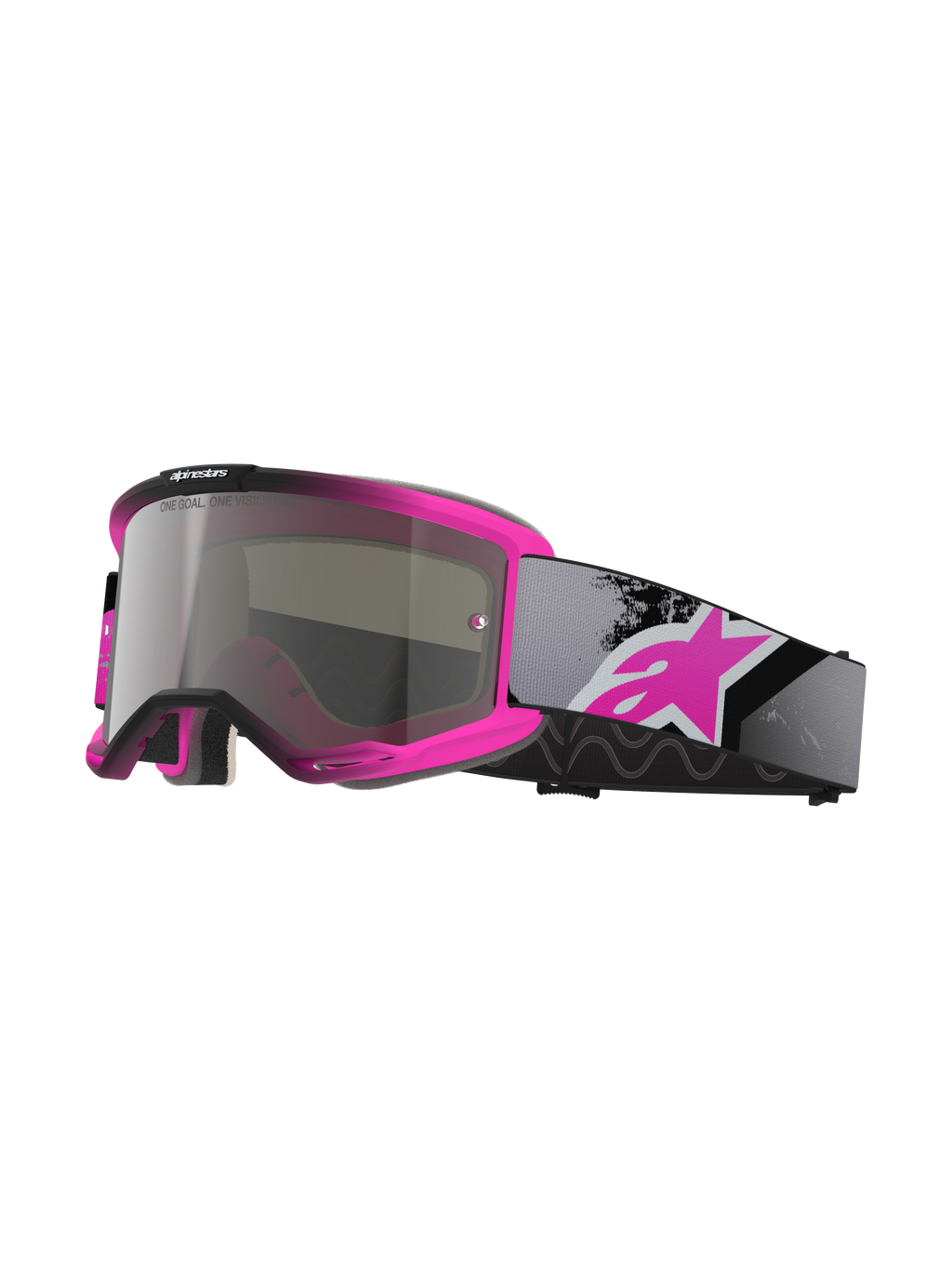 Alpinestars Vision 5 Lahnd-beskyttelsesbriller, motocross-briller, Iron Pink Fluo og sort, Mirror Silver-tonet linse med 'One Goal One Vision'-tekst, justerbar grå rem med stort pink logo, ventileret urethan-ramme til off-road-performance