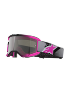 Alpinestars Vision 5 Lahnd-beskyttelsesbriller, motocross-briller, Iron Pink Fluo og sort, Mirror Silver-tonet linse med 'One Goal One Vision'-tekst, justerbar grå rem med stort pink logo, ventileret urethan-ramme til off-road-performance