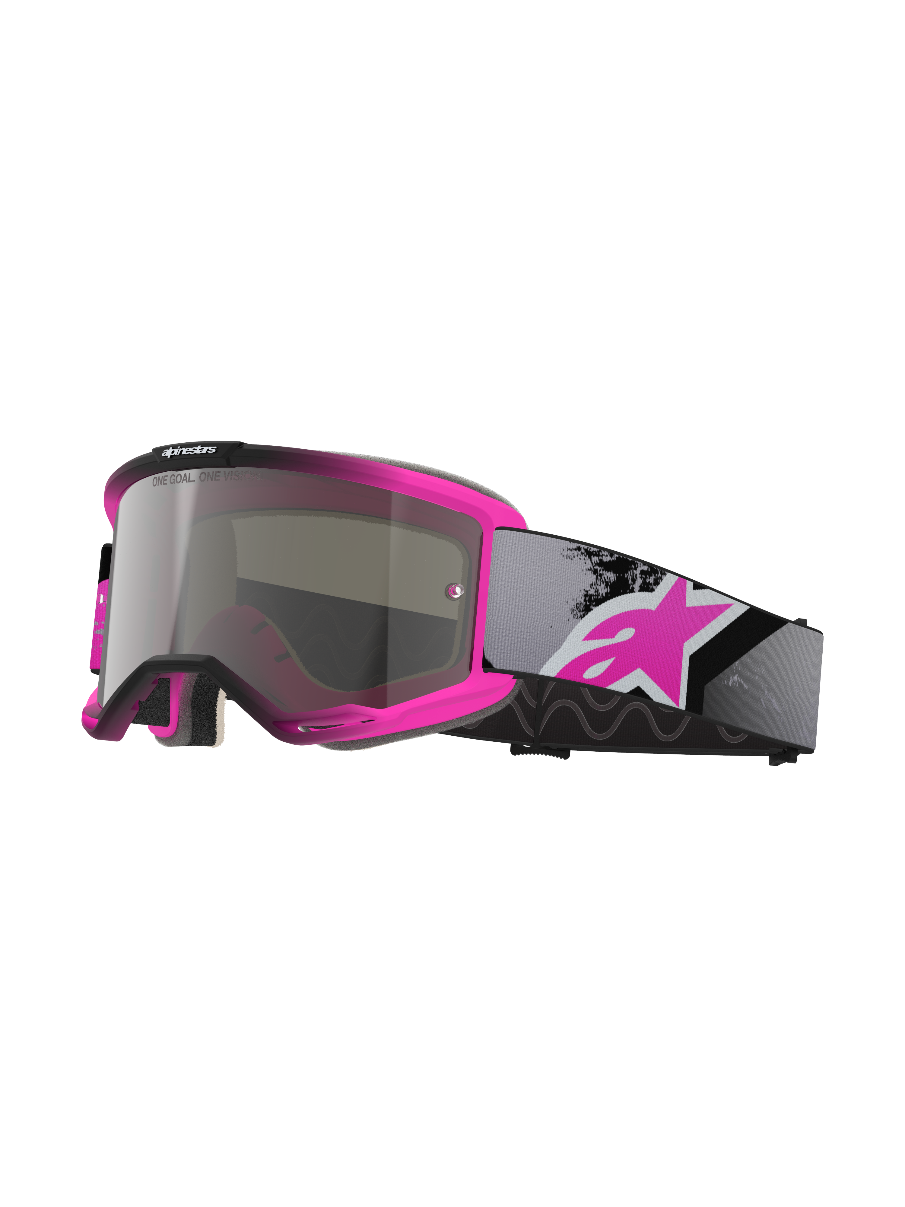 Alpinestars Vision 5 Lahnd-beskyttelsesbriller, motocross-briller, Iron Pink Fluo og sort, Mirror Silver-tonet linse med 'One Goal One Vision'-tekst, justerbar grå rem med stort pink logo, ventileret urethan-ramme til off-road-performance