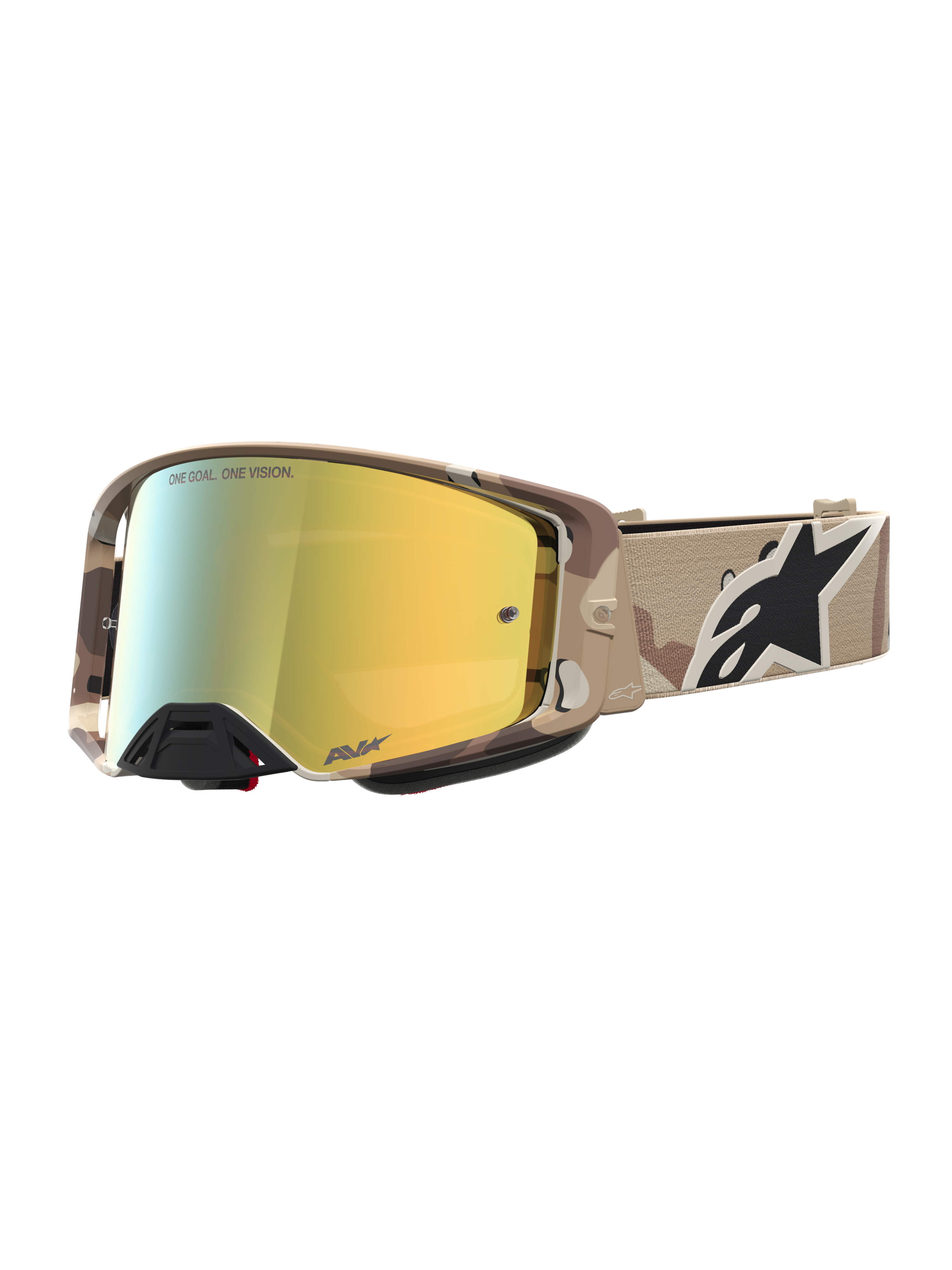 Alpinestars Supertech Lone Motocross Goggles in desert camo and mirror gold, featuring high-grade optics and a secure strap.