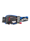 Alpinestars Supertech Stream motocrossbriller, blå ramme med klar linse og integrerede roll-off-beholdere, røde indvendige detaljer, blå og sort rem med hvidt logo, professionelt udstyr til off-road racing