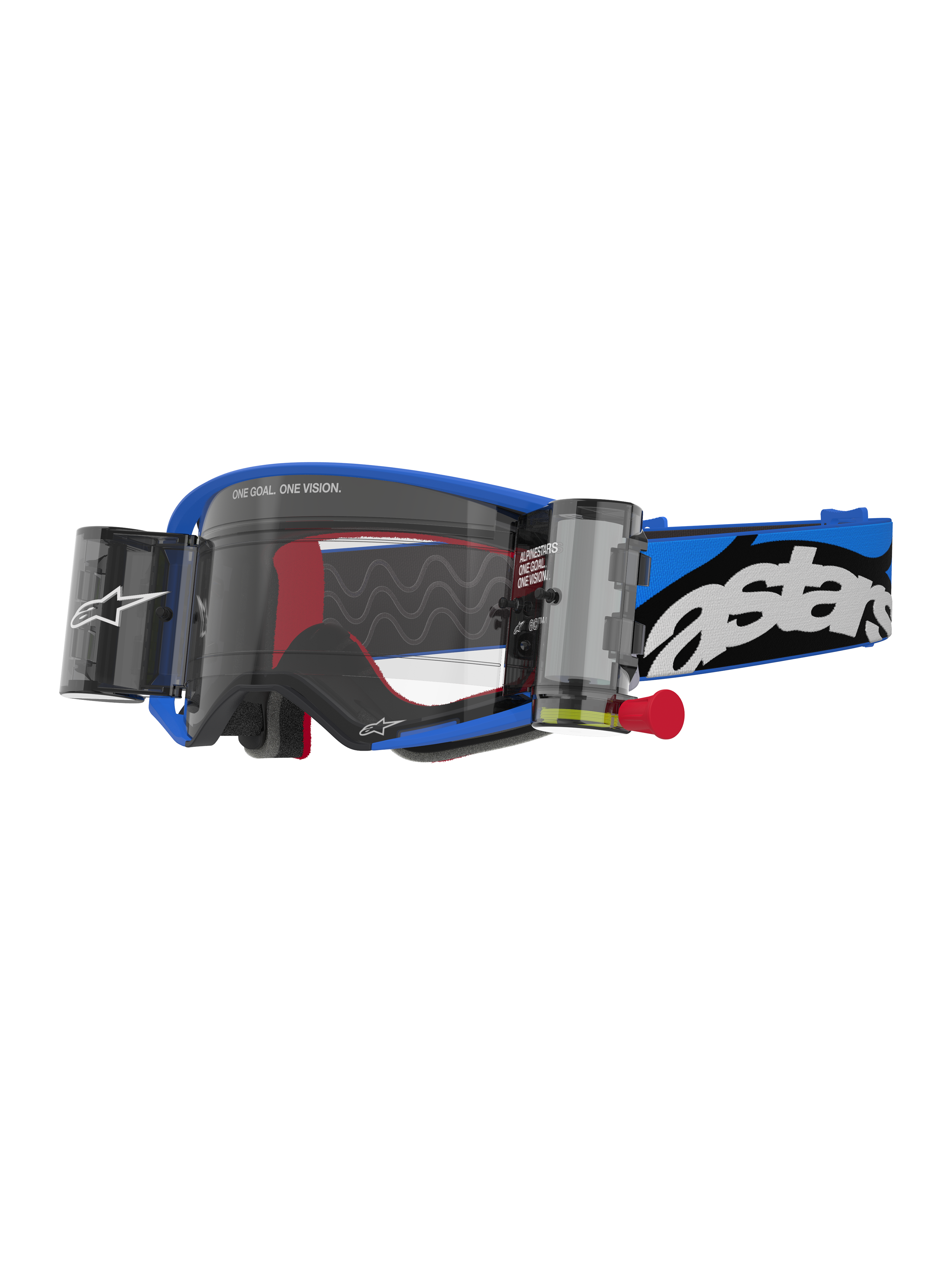 Alpinestars Supertech Stream motocrossbriller, blå ramme med klar linse og integrerede roll-off-beholdere, røde indvendige detaljer, blå og sort rem med hvidt logo, professionelt udstyr til off-road racing