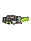 Alpinestars Supertech Stream beskyttelsesbriller, motocross-briller, grå og neongul, klar linse med integreret Wide Vision Roll-Off-system, beholdere på begge sider med en rød trækknap, bølgede silikone-glidelinjer, justerbar grå rem med stort neongult astars-logo, højtydende øjenbeskyttelse til off-road racing