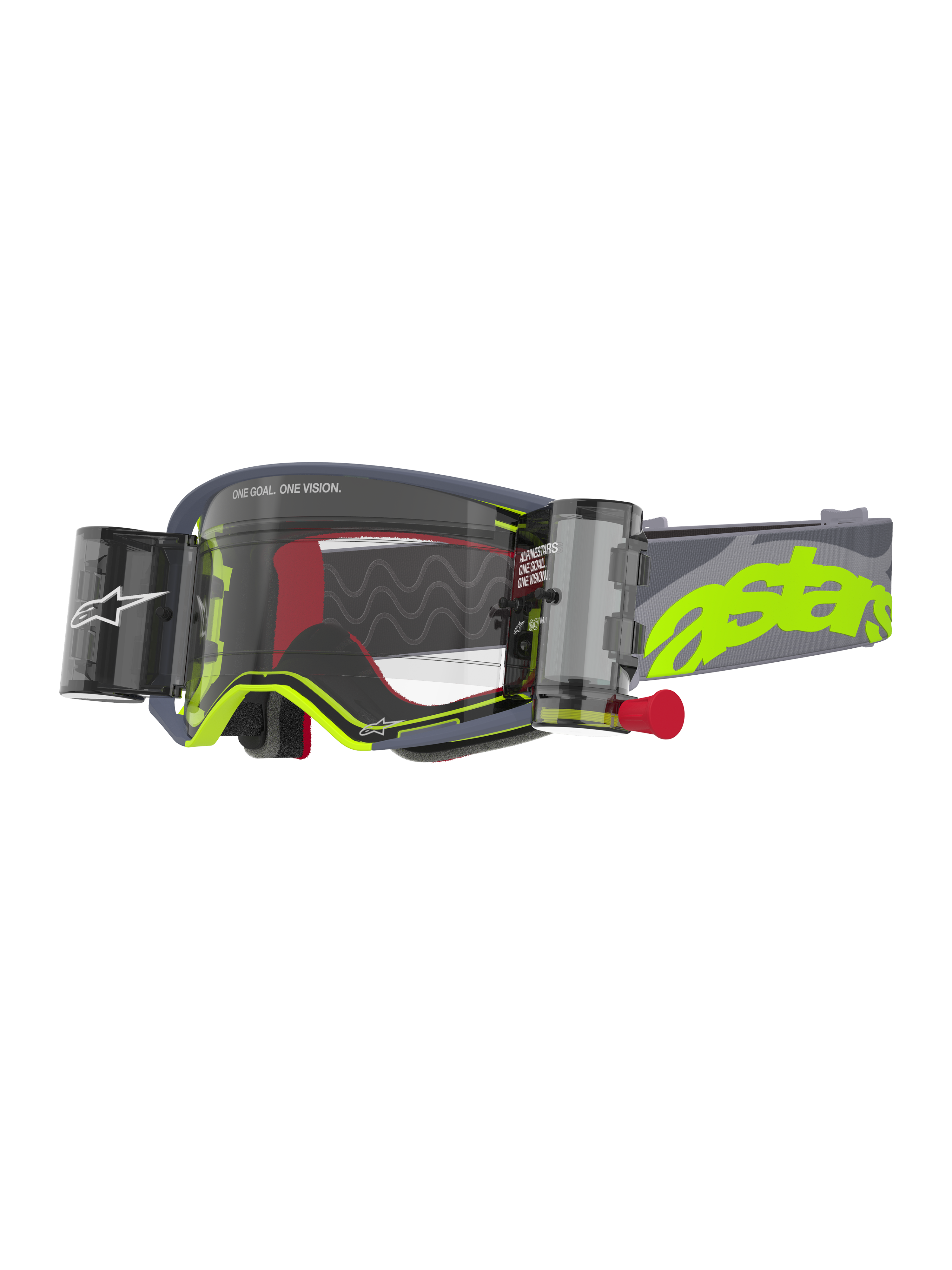 Alpinestars Supertech Stream beskyttelsesbriller, motocross-briller, grå og neongul, klar linse med integreret Wide Vision Roll-Off-system, beholdere på begge sider med en rød trækknap, bølgede silikone-glidelinjer, justerbar grå rem med stort neongult astars-logo, højtydende øjenbeskyttelse til off-road racing