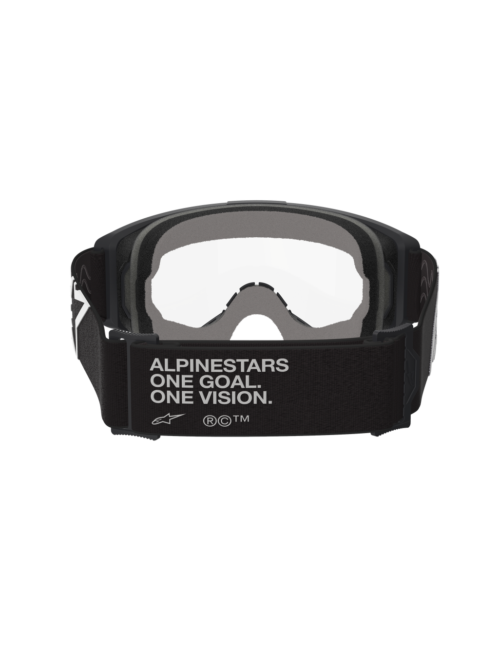 Alpinestars Vision Goggles OTG, motocross-briller, sort og grå, set bagfra med bred sort vævet rem med brand-slogan, flerlags gråt ansigtsskum, klar linse, designet til brug over briller