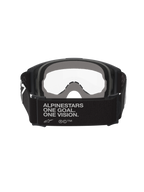 Alpinestars Vision Goggles OTG, motocross-briller, sort og grå, set bagfra med bred sort vævet rem med brand-slogan, flerlags gråt ansigtsskum, klar linse, designet til brug over briller