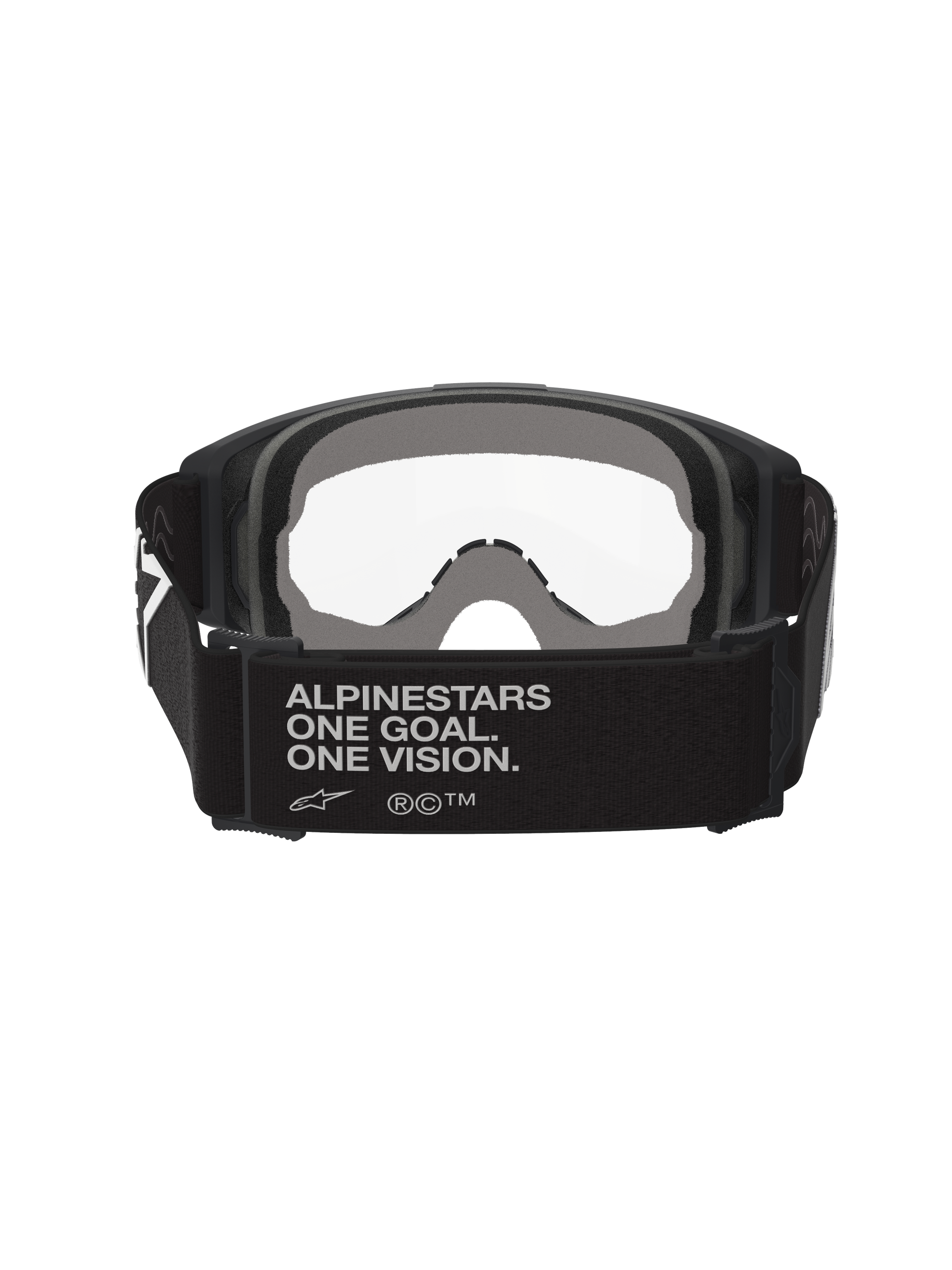 Alpinestars Vision Goggles OTG, motocross-briller, sort og grå, set bagfra med bred sort vævet rem med brand-slogan, flerlags gråt ansigtsskum, klar linse, designet til brug over briller