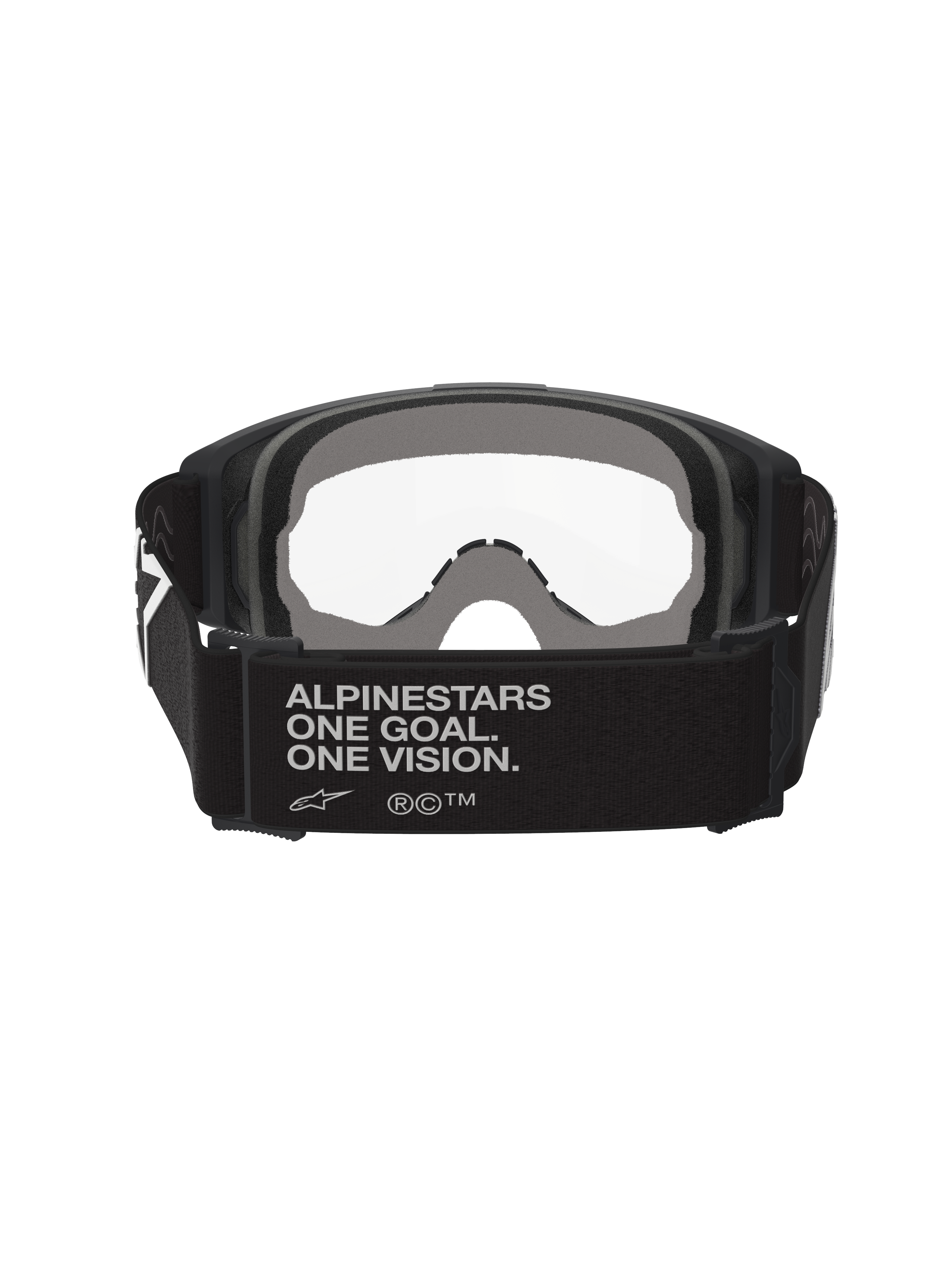 Alpinestars Vision Goggles OTG, motocross-briller, sort og grå, set bagfra med bred sort vævet rem med brand-slogan, flerlags gråt ansigtsskum, klar linse, designet til brug over briller