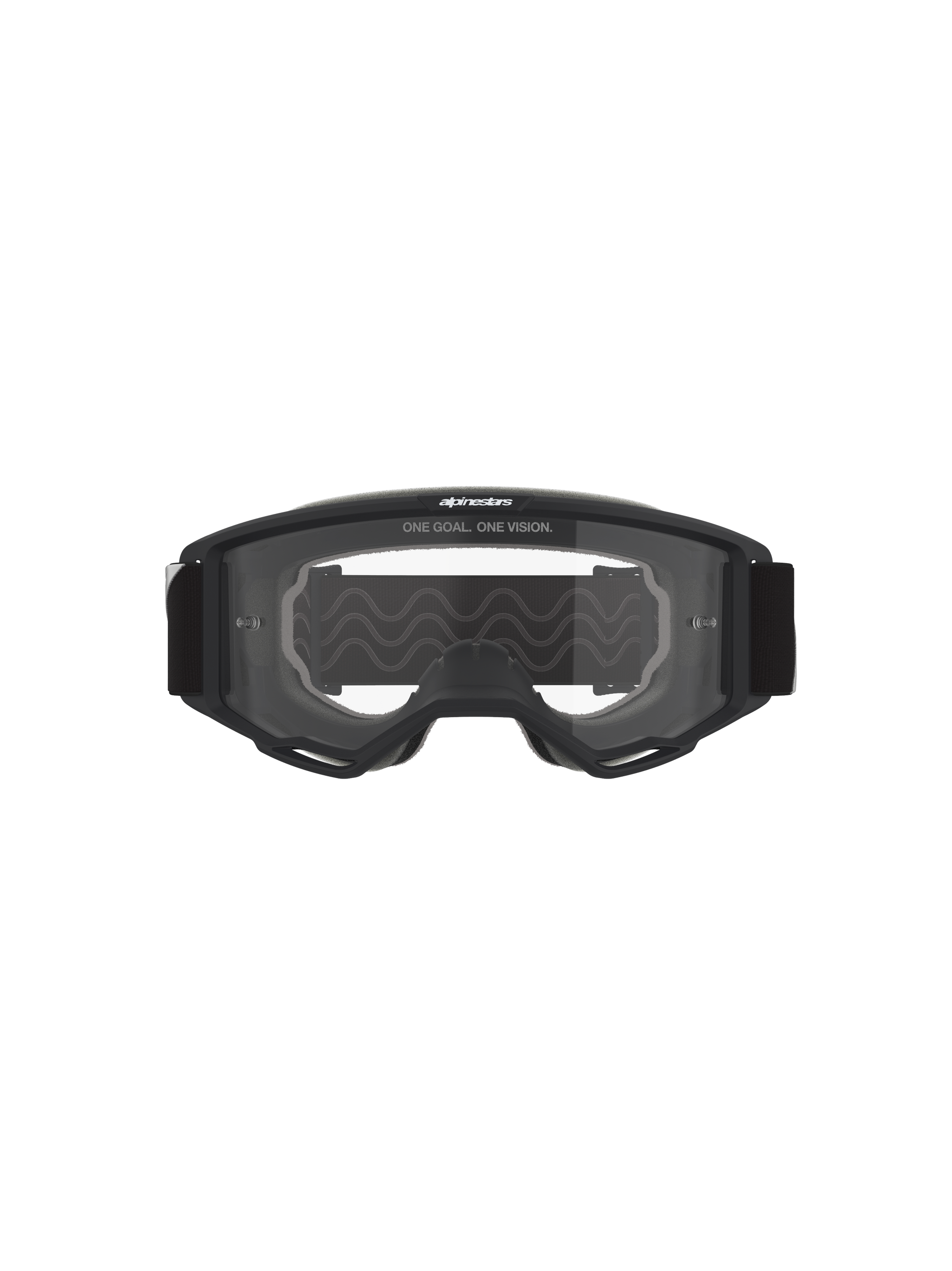 Alpinestars Vision Goggles OTG, motocross-briller, sort ramme med klar linse, set forfra med 'ONE GOAL. ONE VISION.' tekst og brandlogo, dyb volumen-struktur kompatibel med briller